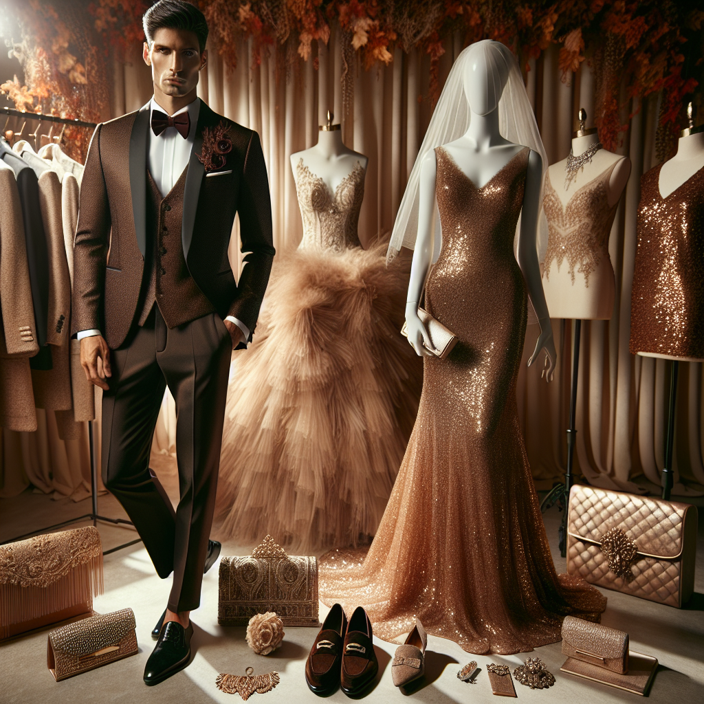 Stunning November Wedding Outfits: Exclusive Finds! Imagine a high resolution image that showcases a showcase of stunning November wedding outfits. In the foreground, an elegant Hispanic man dressed in a contemporary tuxedo with a burgundy bow tie, complementing the autumn color palette. Beside him is a stylish Caucasian woman wearing a dazzling gold sequin gown. Scattered around the scene are a variety of luxurious wedding accessories, including bejeweled clutch bags, suede loafers, intricate veil designs, and statement jewelry. All these elements are displayed on mannequins under the spotlight of a well-lit showroom imbued with the warm, earthy tones of November.