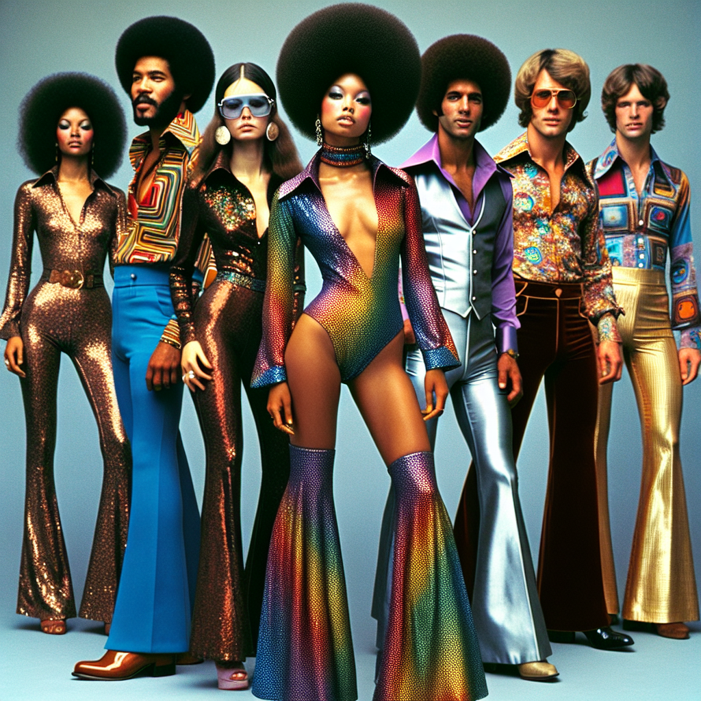 Envision an array of must-have 70s disco outfits. In the foreground, a South Asian woman confidently wears a colorful sequin jumpsuit with flared bottoms, her hair styled into a voluminous afro. Just behind her, a Black man sports a vibrant velvet suit with wide collars, his afro pick gleaming in his hair. Near him, a Middle-eastern woman stands elegantly, her shiny knee-high platform boots complimenting her metallic hotpants and sequined halter top. A Caucasian man is grooving in his psychedelic patterned polyester shirt and flared jeans. These images truly represent an effortless style guide to 70's disco fashion.