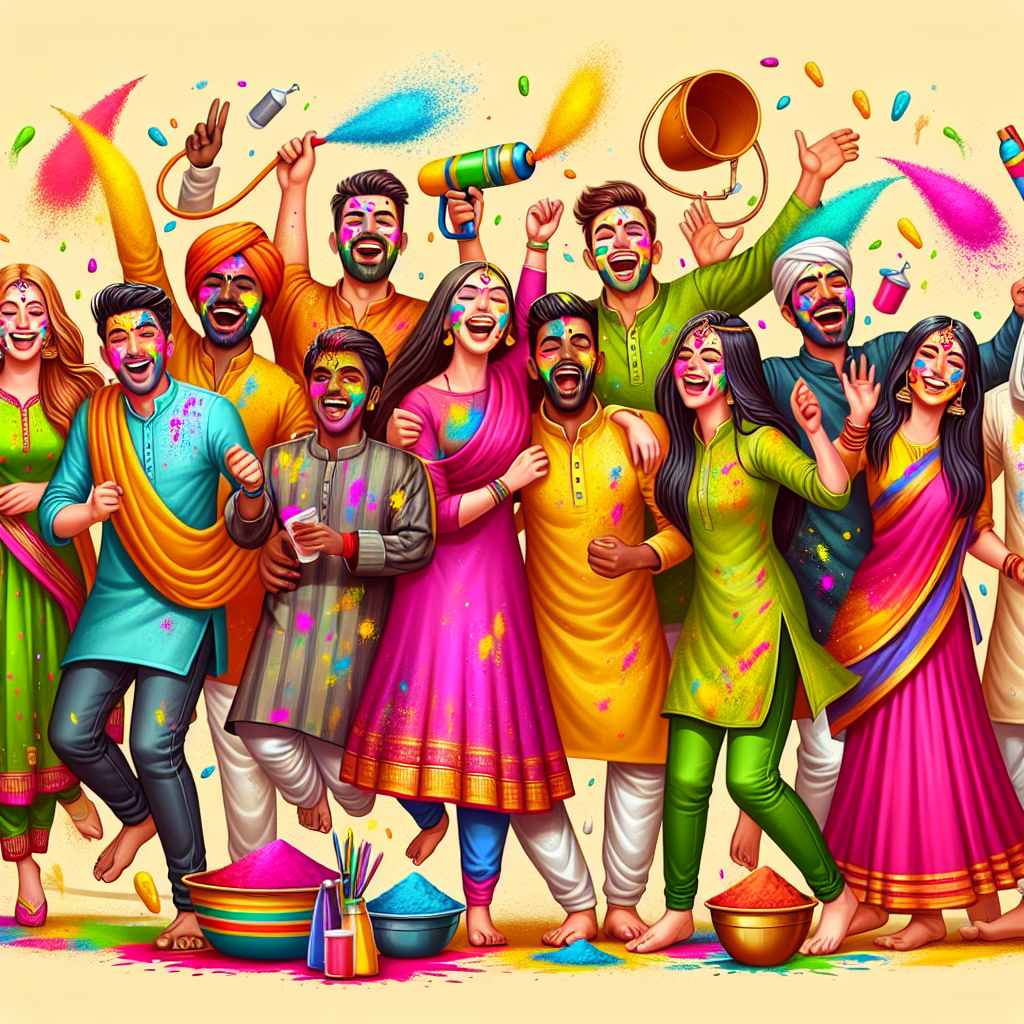 What to Wear to a Holi Celebration: Must-See Styles! Create a detailed visual depiction of a group of joyful friends celebrating the Holi festival. There should be both men and women, of diverse descent such as Caucasian, Black, and Middle-Eastern. They are all dressed in traditional Indian attire often worn for Holi - men in Kurta and women in colorful Sarees or Salwar suits. Their faces and clothes should be smeared with vibrant Holi colors. The atmosphere should be festive and animated, with people laughing and throwing powders of pink, yellow, blue, and green in the air. Components of Holi such as pichkaris (water guns), water balloons, and buckets filled with colored water could be seen around.