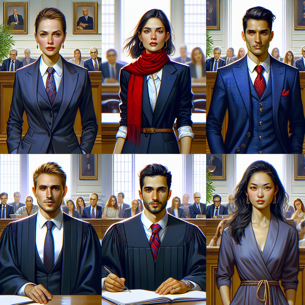 Courtroom Attire: Stunning, Effortless Style Guide Generate an image depicting a vibrant and meticulously detailed scene in a courtroom setting. The view should focus on a variety of people consisting of a Caucasian female lawyer wearing a chic, black business suit paired with a red scarf as a pop of color, a Hispanic male judge clothed in traditional courtroom robes, a Middle-Eastern male witness stylishly dressed in a navy blue suit and a South Asian female juror adorning a subtle, professional dress. Each of them should exhibit striking, effortless style, articulating sophistication and authority.