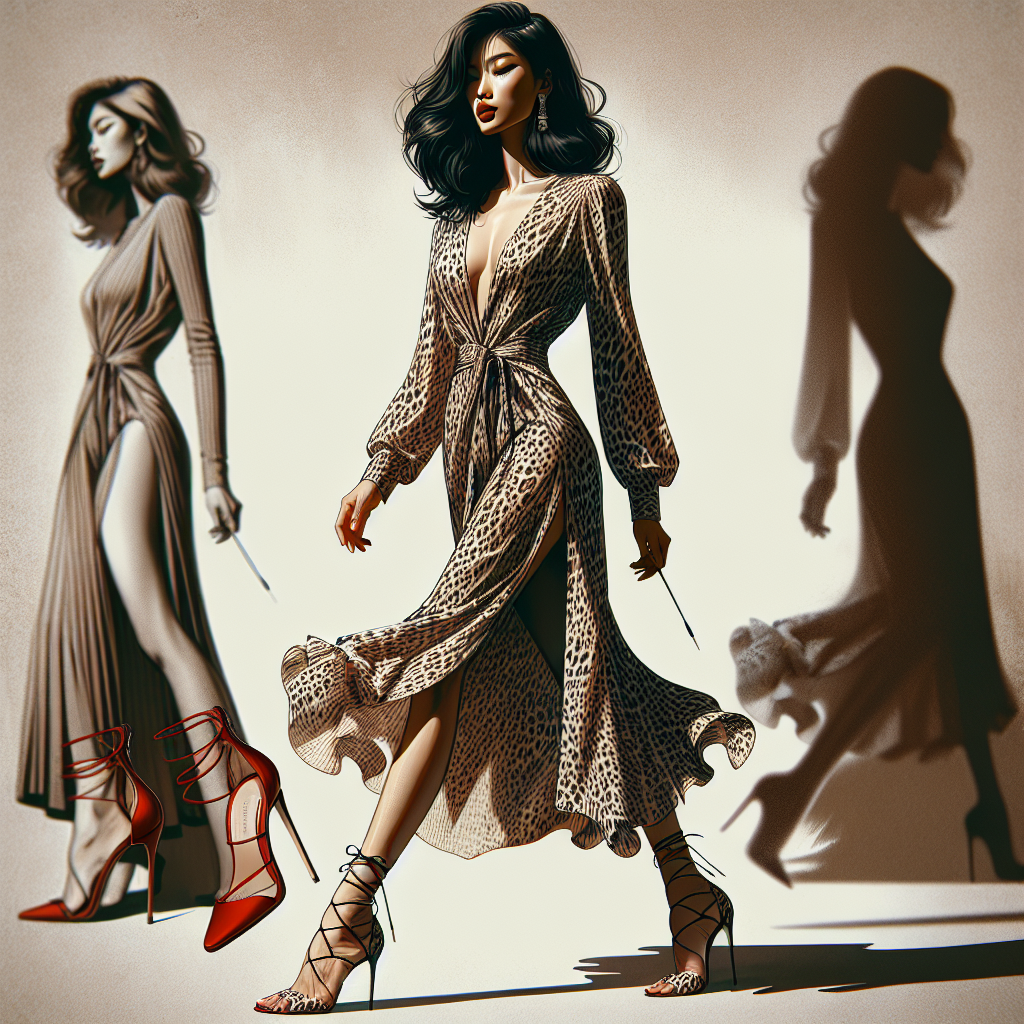 Effortless Style: What Shoes to Wear with a Leopard Print Dress Create an exquisite visual representation of a scene from a fashion world. The focal point of the scene is a woman of Asian descent, having a slender physique artistically draped in a mid-length, leopard print dress exhibiting a fearless sense of style. Commensurate with her dress, a pair of on-trend, high-heeled shoes, possibly in a contrasting red tone, are completing her outfit. Additionally, incorporate a backdrop that subtly exudes an air of sophistication and fashion-forward attitude. Please, place a distinctive emphasis on the shoes to enhance the visual appeal and help fashion enthusiasts make an apt choice.