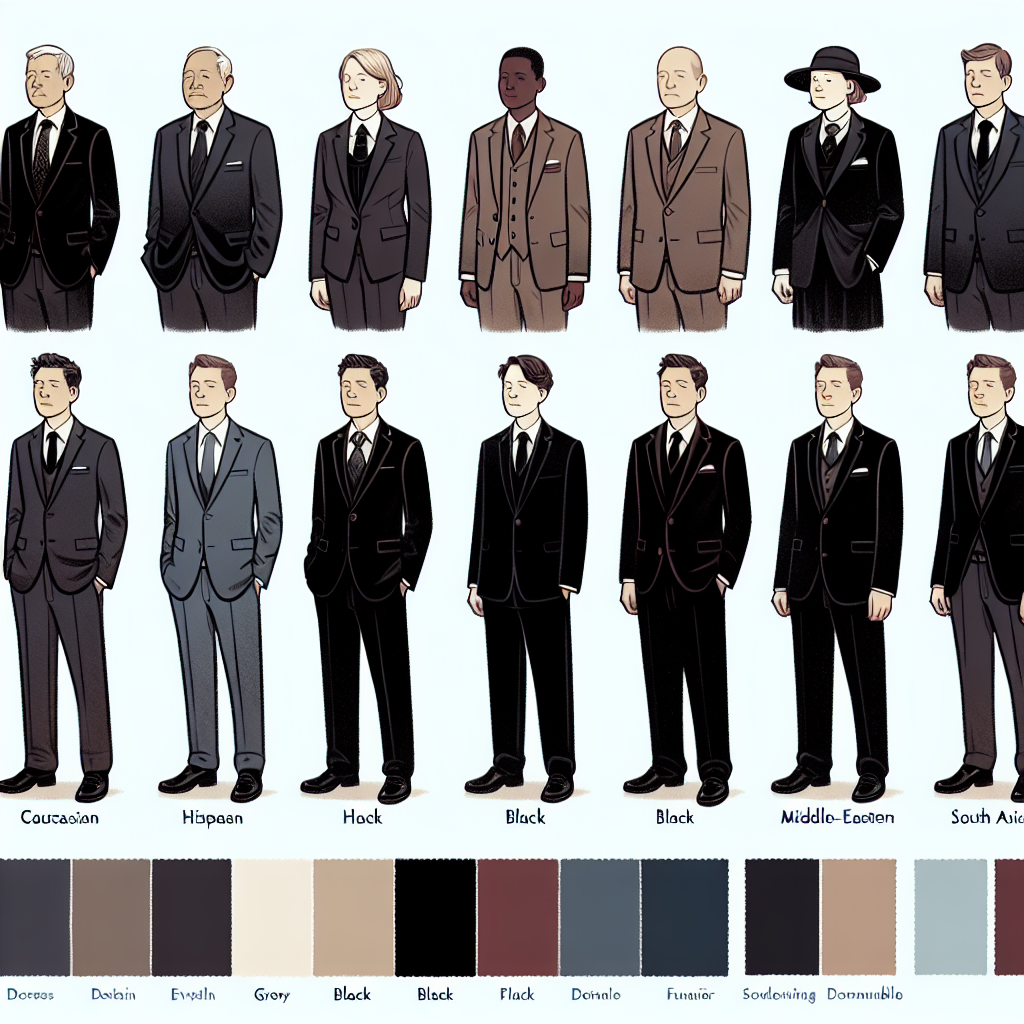 Exclusive Guide: Best Colors for Funeral Attire An illustrated guide showing a variety of funeral attire in a respectful, muted color palette. Depict an array of suitable clothes for a funeral—including suits, dresses, and accessories—styled for all genders and various descents, such as Caucasian, Hispanic, Black, Middle-Eastern, and South Asian individuals. Display each outfit in appropriate, understated colors like black, gray, dark navy, or deep burgundy. Also, include color swatches beside each outfit to give a clearer understanding of the appropriate shades. Aim for a professional and somber tone for the illustration.