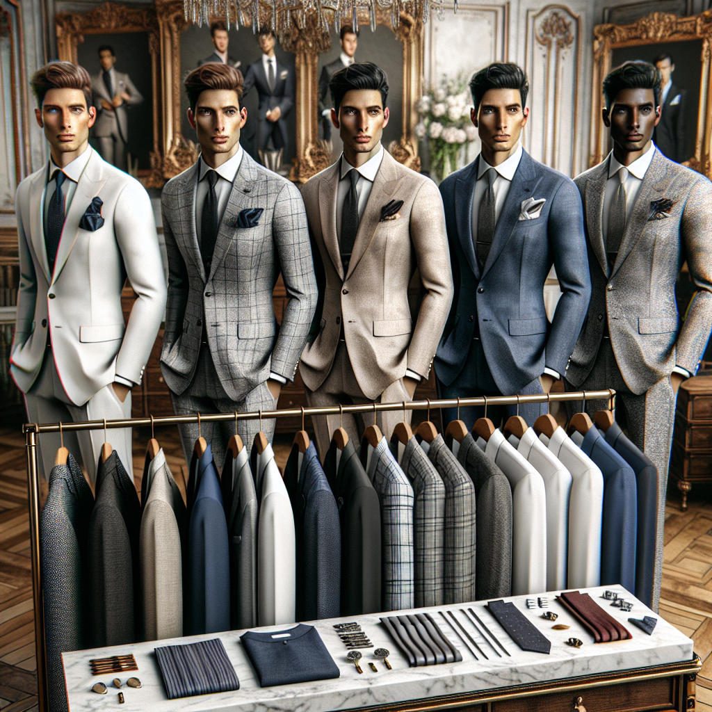 Must-Have Men's Wedding Attire for 2024 Visualize a comprehensive style guide for men's wedding attire for the year 2024. Show an array of five stylish suits organized on hangers, each suit appealing to a different style from formal to contemporary. Feature a white Caucasian male model on the left, a Hispanic male model in the center, and a Black male model on the right showcasing various suits individually. Include intricacies such as ties, cufflinks, lapel pins, and pocket squares. The environment around them should have a luxurious vintage feeling, with a mix of hardwood and marble accents.