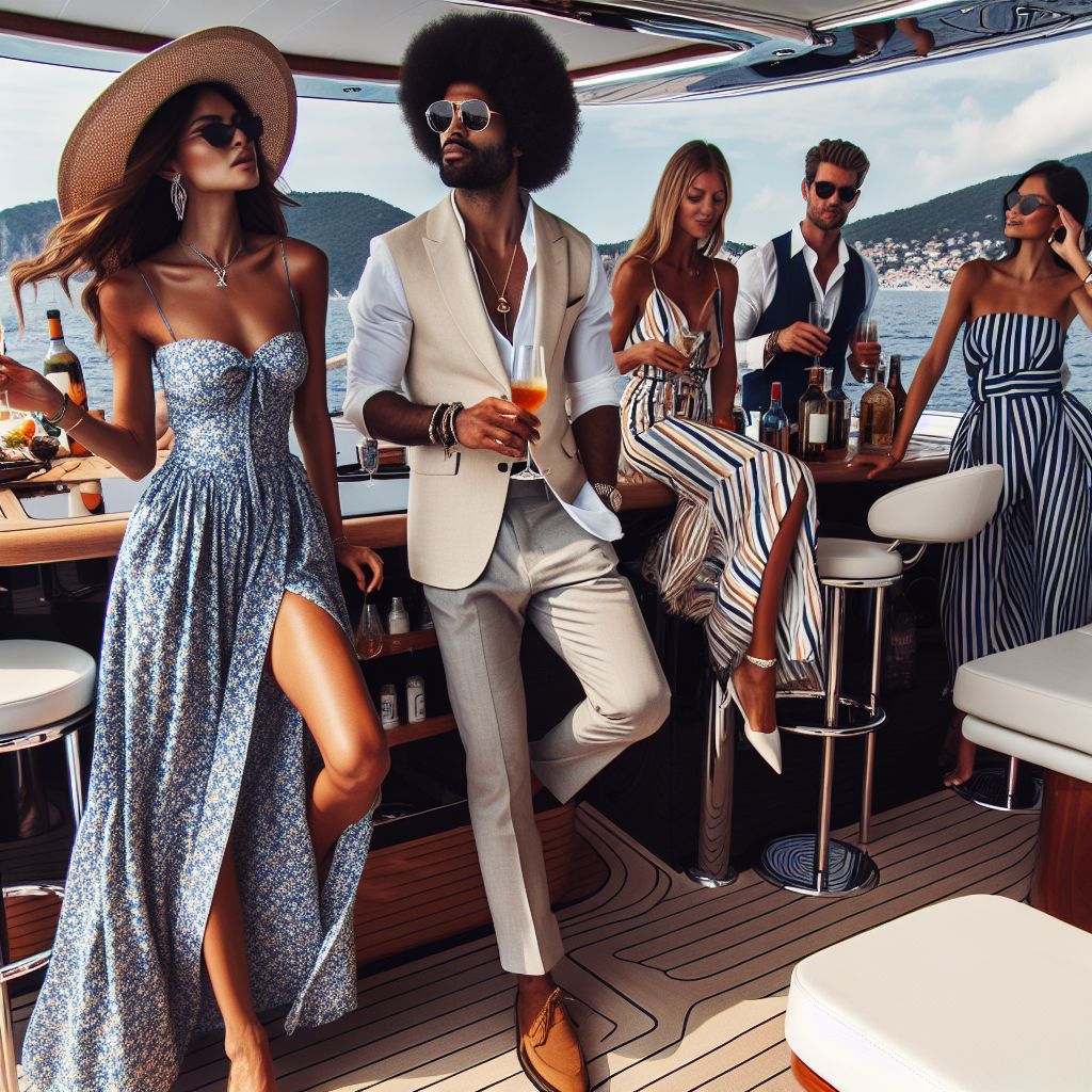 An upscale yacht party taking place on a bright sunny afternoon in the middle of the ocean. On deck, there are several fashionable guests showing off their stunning party styles. One woman, of Hispanic descent, in a chic, summer maxi dress, sips on a cocktail while chatting with an African descent man dressed in sharp nautical themed attire. A group of South Asian and Caucasian friends are gathered around the yacht's bar in chic summer party attire, laughing and having a great time. The atmosphere is filled with elegance, fun, and style, reflecting the essence of a must-have stunning yacht party.