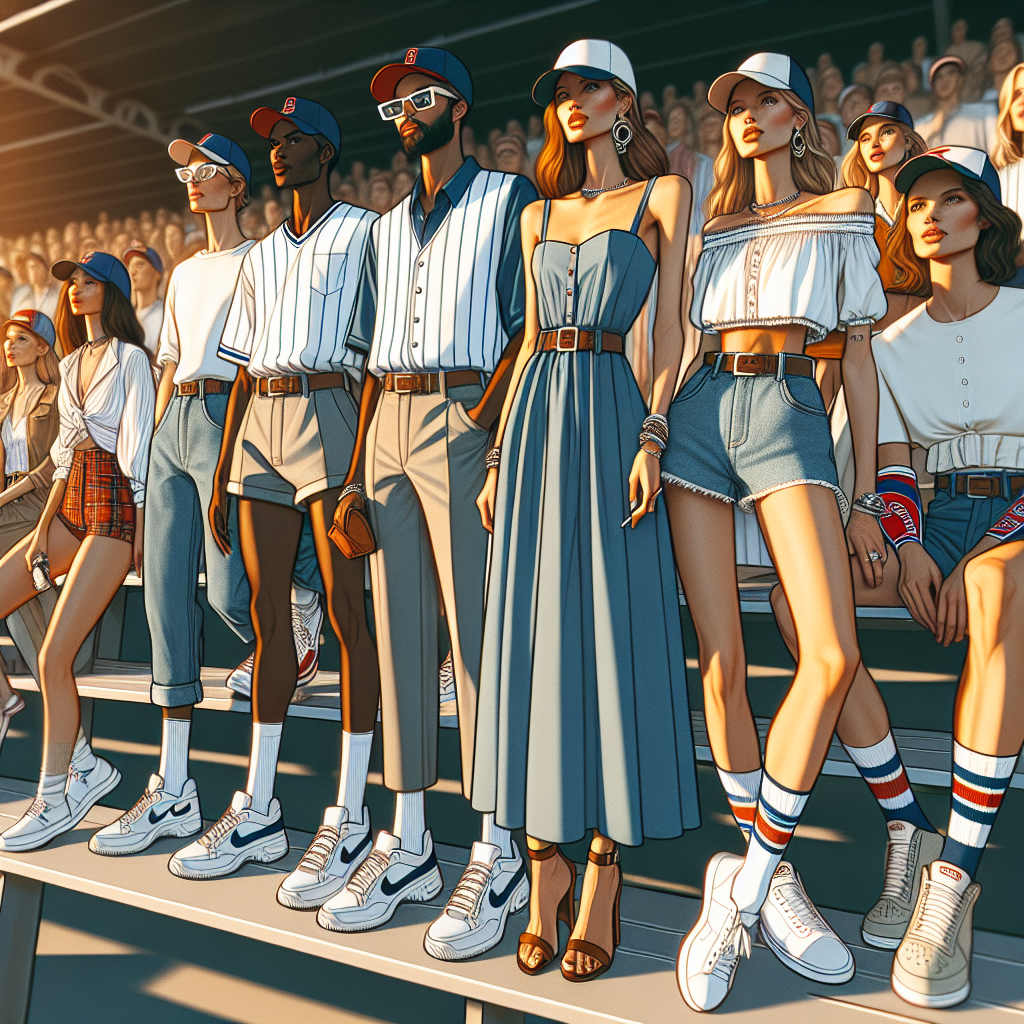 Must-Have Outfits for Baseball Games: Effortlessly Chic A sunlit scene at a baseball game. Depict multiple stylish spectators in the stands, each with their own unique must-have outfits. Start with an African male, wearing a tailored jersey paired with denim shorts and high-top sneakers. Next to him, a Caucasian woman in a breezy summer dress with baseball cap and sandals. Lastly, a Hispanic female with a trendy off-shoulder top, jeans, and white sneakers. Include various baseball accessories like team scarves, foam fingers, and caps. The crowd appears enthusiastic, enjoying the game while showcasing classy and effortless chic style.