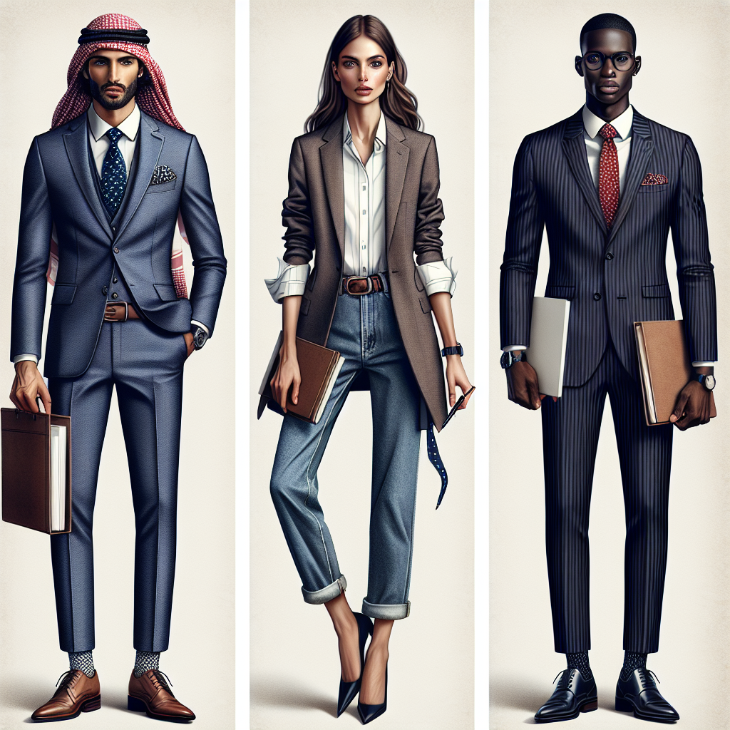 Generate an image of three professionally-dressed individuals ready for a job interview. The first person, a Middle Eastern male, is wearing a crisp, modern suit with a matching tie and polished, black leather shoes. The second person, a Caucasian female, demonstrates a smart casual style wearing a tailored blazer, blouse, jeans and heels. The third person, a Black male, exhibits a high power look with a traditional pinstriped charcoal suit and a red power tie. All of them carry notebooks and pens, reminding us of the importance of preparation.