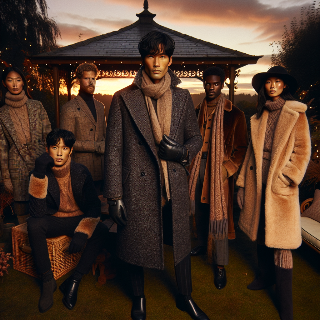 Stunning Outfits for Cold Garden Parties: Must-See! Envision a calm and elegant late-autumn garden party scene set against the backdrop of a resplendent sunset. There are five diverse individuals, each wearing an outfit suitable for cold weather. A Middle-Eastern man dons a fashionable woolen peacoat with a stylish scarf, a Black woman elegantly wears a cashmere trench coat with a wide-brimmed hat, a Caucasian woman showcases a chic long faux fur coat with leather gloves, a South Asian man is seen sporting a hip tweed jacket with a cozy knit scarf, and a Hispanic woman poses in an insulated suede coat matched with knit leg warmers. With a gazebo and fairy lights in the background, the garden atmosphere is magical.