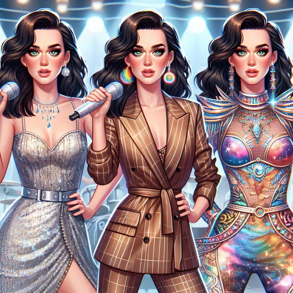 Stunning Outfits for Katy Perry 2025 Concert Design a picture featuring a high-energy pop singer, who shares similar attributes to Katy Perry, with brunette hair and vibrant Green eyes. She's performing on a futuristic concert stage set in the year 2025. The singer should be showcasing three different stunning outfits: a sequined vintage-inspired dress, a modern tailored suit with innovative textile patterns, and a extravagant cosmic-inspired costume studded with shiny gemstones.