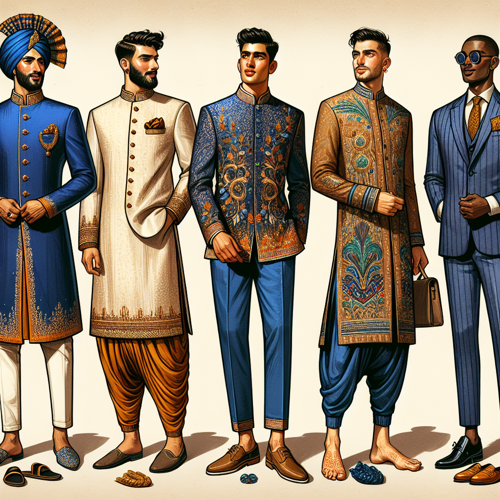 Must-Have Outfits for Male Guests at Sangeet Visualize an array of essential fashion items for men attending a Sangeet. The first outfit features a Middle-Eastern man wearing a classic royal-blue Sherwani styled with a golden turban and Esteem juti shoes. Next, show an Asian man sporting a contemporary embroidered kurta paired with churidars and leather sandals. Lastly, depict a Black man with a trendy Indo-western suit matched with a stylish pocket square and loafers. Impressively, all outfits should be vibrant and detailed, capturing the festive glory of Indian weddings. Additionally, vary the fabric patterns and decorative elements to give each ensemble a unique flair.