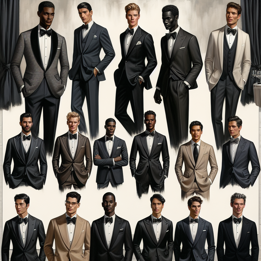 A dapper tableau featuring fashionable men at a black tie event. Illustrate a diverse range of men, from various descents such as Caucasian, Hispanic, Black, Middle-Eastern and South Asian, all immaculately dressed in black tie attire. The outfits vary, some with classic tuxedos, others with contemporary twists on black tie, and a few with inventive reinterpretations of the tradition. Set this against a subtly luxurious event backdrop. Depict the scene in a timeless elegance, evoking the atmosphere of sophisticated social gatherings.