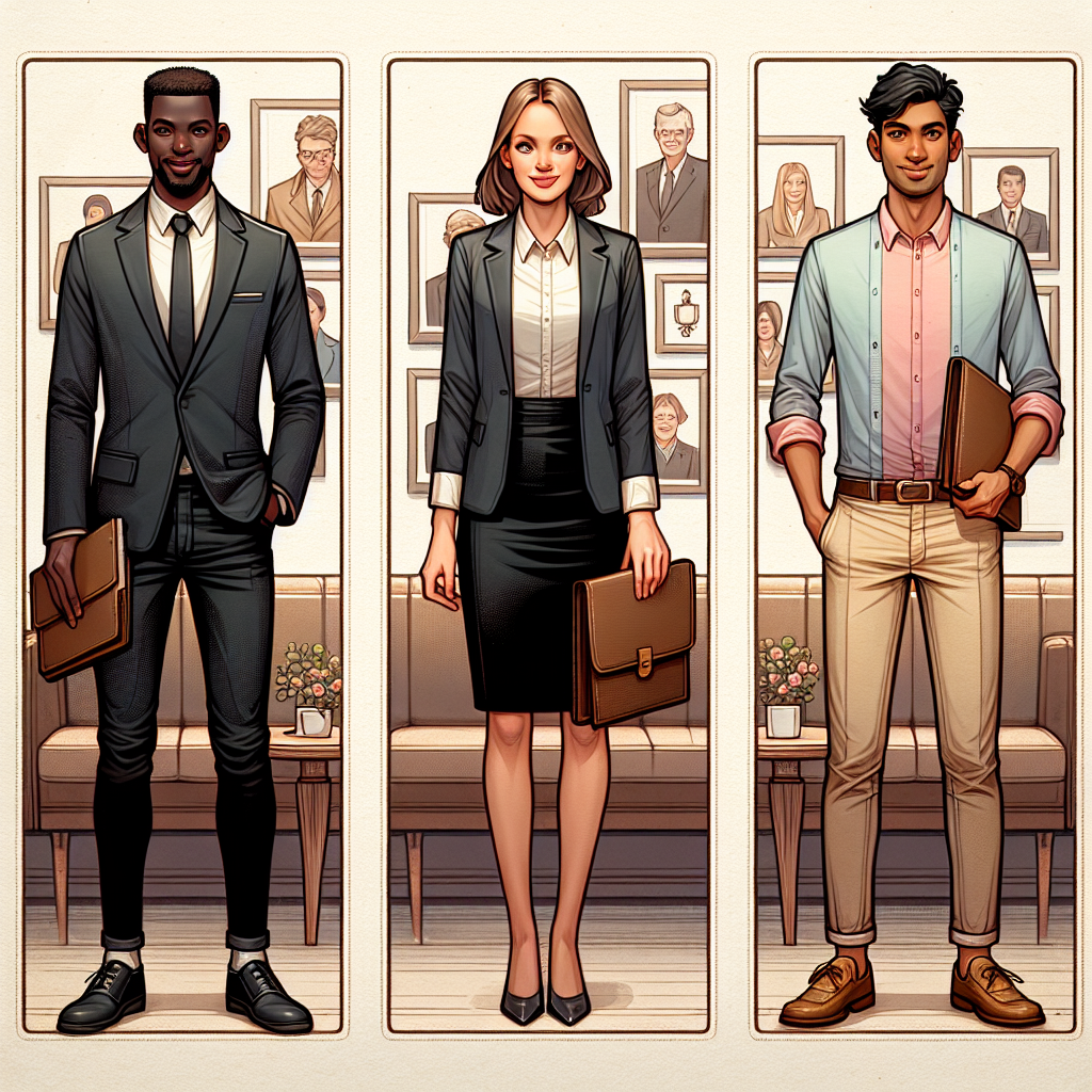 Ace Your Interview: Must-Have Outfits for Restaurant Jobs Visualize a scene presenting three individuals prepared for an interview at a restaurant. The first person, a confident Black man, is wearing a sharp blazer and dark jeans. The second person, an enthusiastic Caucasian woman, is dressed in a professional blouse, black skirt, and polished shoes. The third individual, a charismatic South Asian man, is outfitted in a pastel button down shirt, khaki pants, and brown loafers. They each carry leather portfolio folders, ready to present their resumes, and backgrounds suggest a restaurant setting.