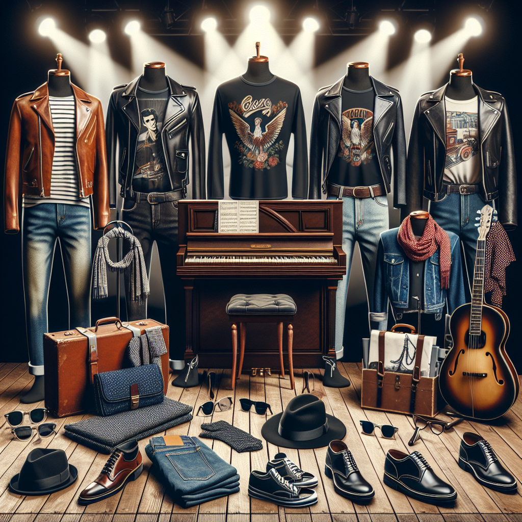 Stunning Outfits for Billy Joel Concerts: Find Your Groove A tastefully curated display of several fashionable outfits suitable for a night out at a classic piano rock concert. The collection includes a variety of styles from casual to classy, showcasing elements like chic leather jackets, retro band t-shirts, trendy denim, and polished dress shoes. Appropriate accessories such as hats, scarves, and vintage-inspired sunglasses are also integrated. The scene is set against the backdrop of a dimly lit concert venue with a grand piano on the stage.