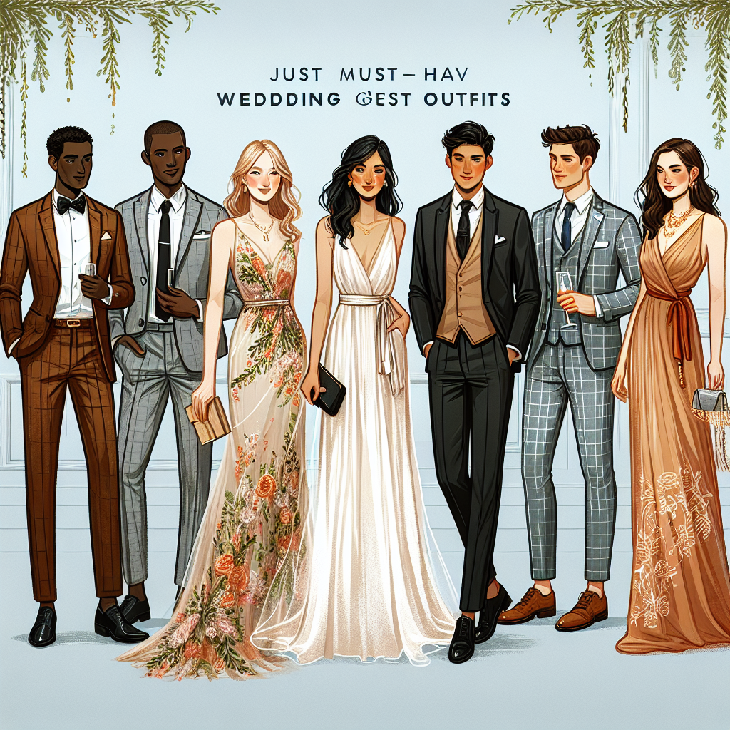 Must-Have Wedding Guest Outfits for Every Style Let's visualize a set of must-have wedding guest outfits for different styles. The scene consists of six individuals showing off their attire in front of a sophisticated backdrop. The first person, a black gentleman, wears a classic tuxedo with a shiny white shirt. The second, a Middle-Eastern lady, dressed in an elegant floor length gown adorned with intricate floral patterns. The third, a Hispanic man in a chic casual suit paired with a light-colored shirt. The next individual, a Caucasian woman, sports a luxurious cocktail dress. The fifth person, a South Asian woman, is in a uniquely styled wrap dress, while the last figure is a white male in a rustic yet stylish country-themed suit.
