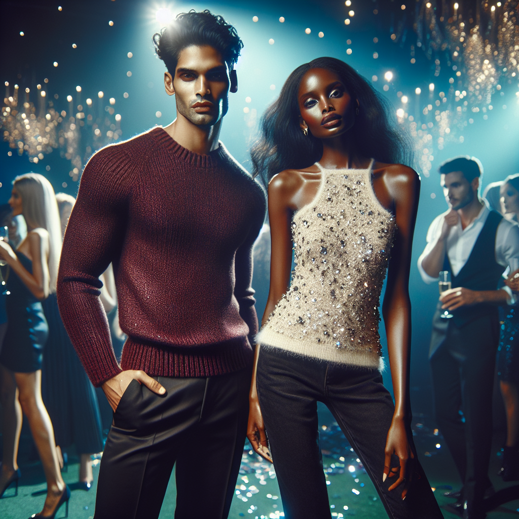 Stunning After-Party Look with Sleeveless Sweaters A gorgeous after-party scene showcasing two fashion-forward individuals in the spotlight. A South Asian male in his late twenties, exuding confidence and style, wearing a slim-fit, sleeveless sweater in radiant burgundy, paired with sleek black trousers. Next to him, a Black woman in her early thirties, glowing with elegance, dons a chic, cream-colored sleeveless sweater, embellished with glittering sequins, coupled with high waist jeans. The partygoers in the background are a blur of lights and colors, casting a dreamy ambiance, while the protagonists stand out with their distinctive attire.