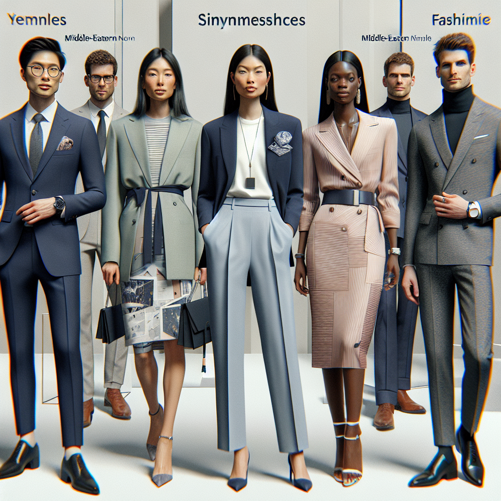 Must-Wear Symposium Styles: Effortless & Chic Choices Visualize a group of professionals at a symposium exhibiting polished, stylish outfits that exemplify effortless and chic influences. The scene includes an Asian male donning a sleek navy suit with a stylish pocket square, a Black female sporting a tailored blazer and pencil skirt, a Middle-Eastern non-binary individual in a dapper pastel pantsuit, a Latinx female in a graceful dress with geometric prints, and a White male dressed in an elegant charcoal turtleneck and statement watch. The ambience should communicate the confluence of professionalism and fashion.