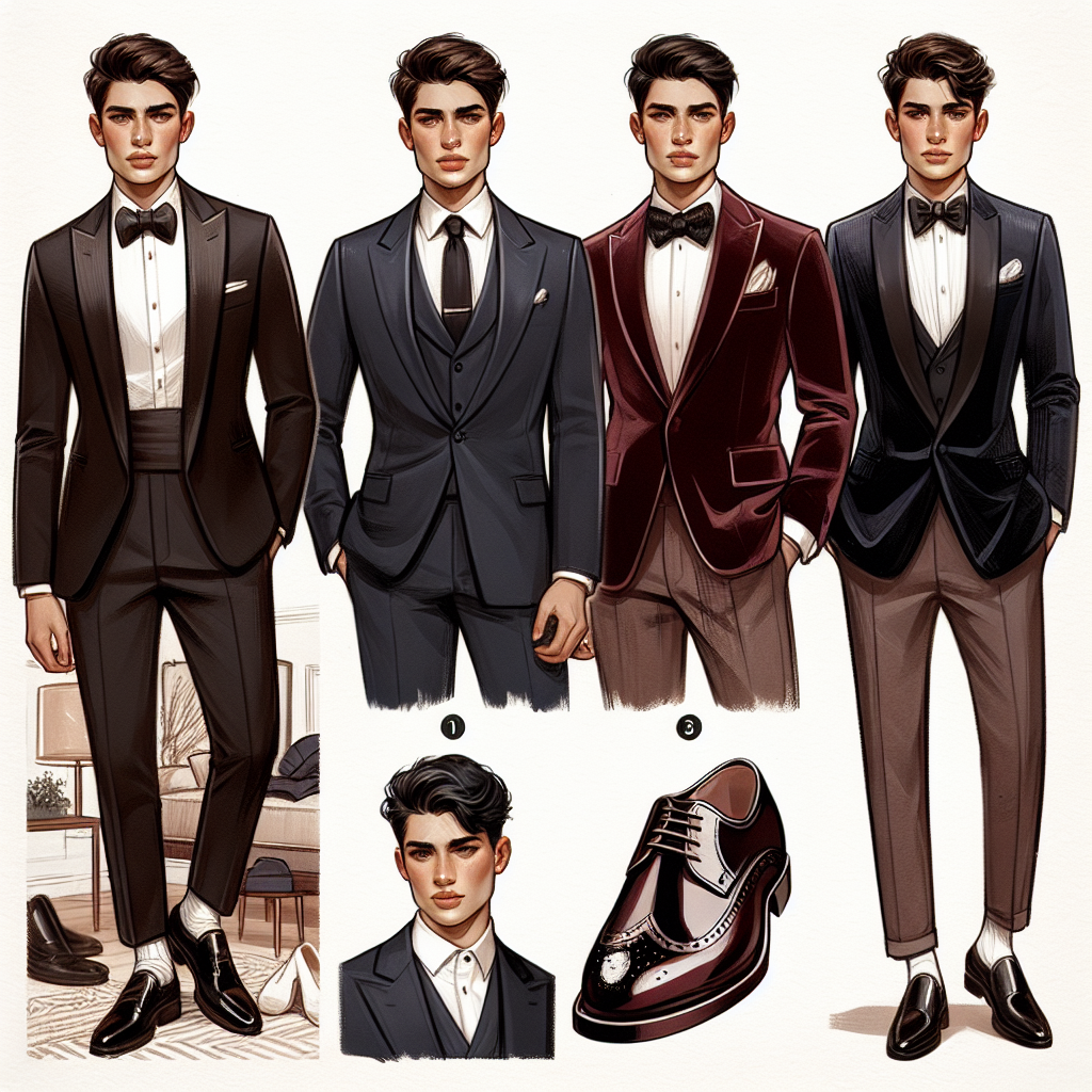 Imagine a fashion guide for a homecoming event focused on men's style. The guide exhibits diverse, inclusive, and exploratory scenes. To start, visualize an Asian man sporting a classic, black tuxedo with a white shirt and a sleek bowtie, his hair styled perfectly. Then, change the scene to a Hispanic man showcasing an effortless yet sophisticated look in a navy blue suit paired with brown leather shoes. Lastly, visualize a Middle-Eastern man looking stunning in a well-tailored, maroon velvet blazer over a crisp white shirt and black trousers, complimenting his look with a pair of glossy black loafers.