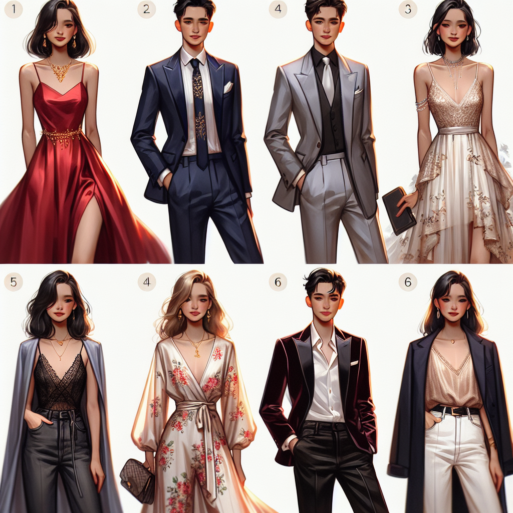 Must-Have Outfits for a Musical: Effortless Style Tips A visual tutorial guide, showing six different high-quality outfits ideal for attending a musical. The first outfit is modelled by a South Asian Female, wearing a red satin dress paired with delicate gold accessories. The second outfit features a Middle-Eastern Male in a navy tuxedo adorned with a silver tie. The third is a Black Female in a floral silk jumpsuit. The fourth outfit consists of a white male in a grey blazer and black jeans. The fifth is a Hispanic female in a pastel-colored chiffon dress, and the last one showcases an East Asian male in a velvet burgundy suit. Each model is effortlessly chic and their outfits embody different style aesthetics from elegant to casual.
