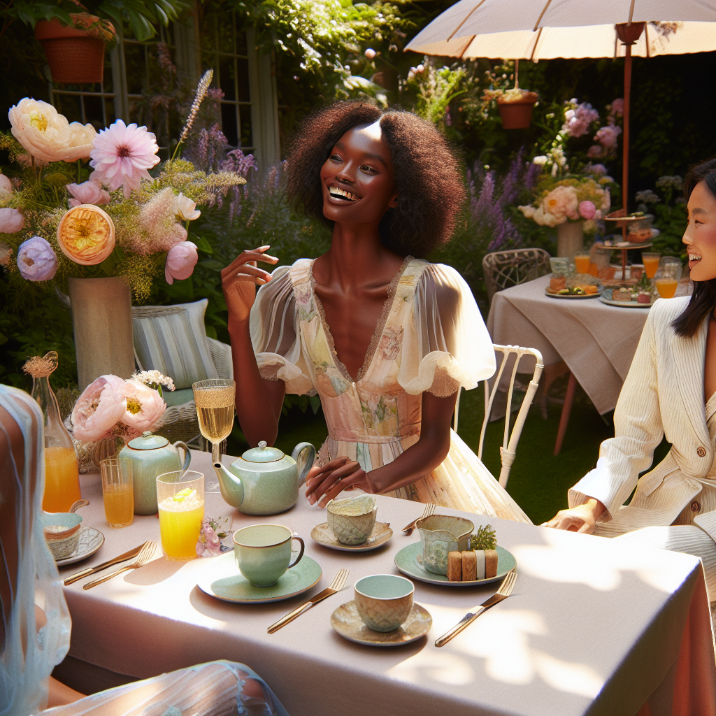 A well-lit and luxurious casual tea party setting on a warm, sunny day. It's taking place in a lovely, lush garden with blooming flowers in pastel shades. There is a variety of hot and cold refreshments, and a tastefully arranged table in the center. Seated around the table are elegantly-dressed individuals, showcasing effortless elegance. One person is a Black woman in a breezy pastel tea dress with floral accents, accessorizing with understated jewelry. Another is an Asian man in a crisp, light-colored linen suit with a soft colored tie. Both are laughing and engaging in pleasant conversation, embodying the perfect blend of casual and chic.