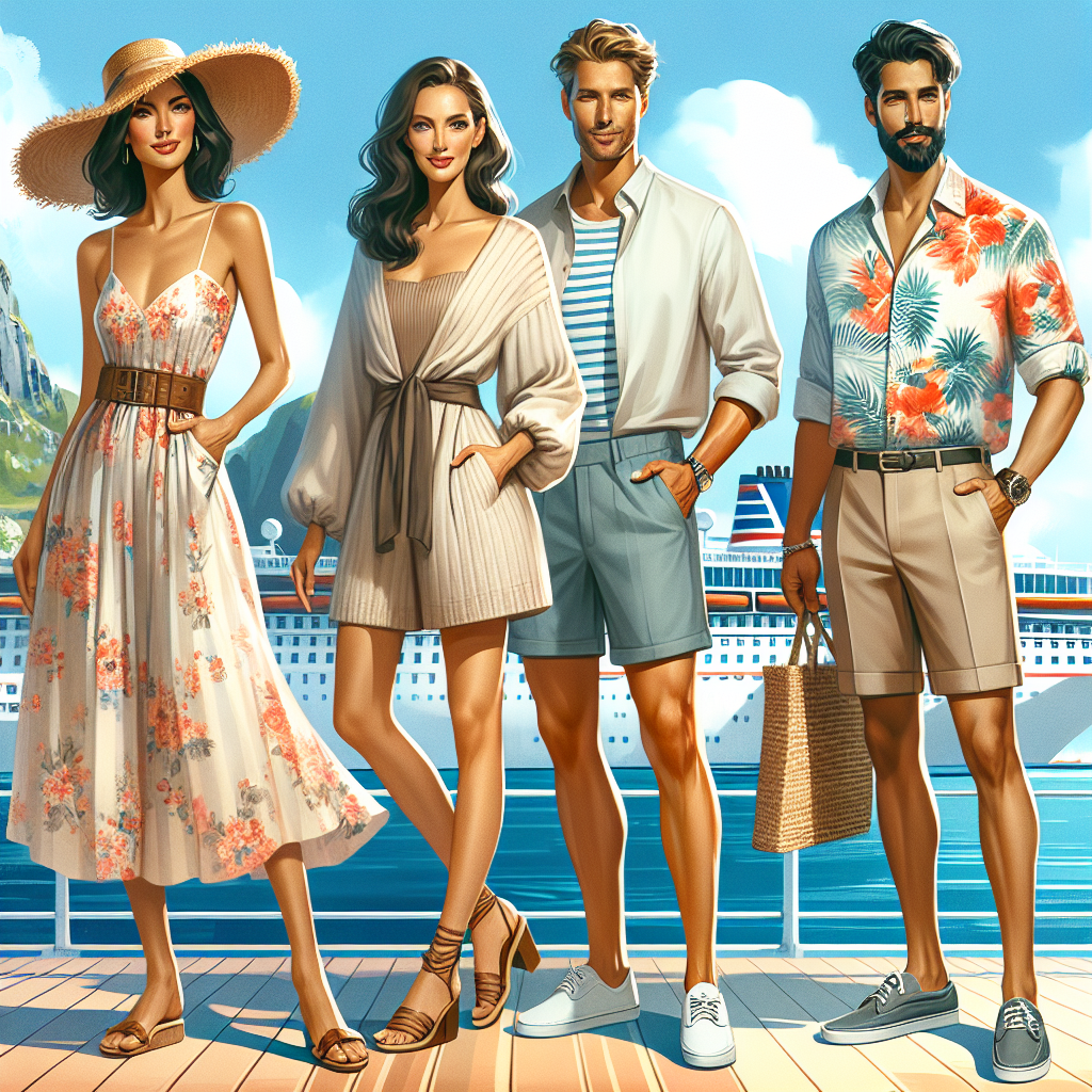 Stunning Bermuda Cruise Outfits: Effortless Style Tips Picture a vibrant scene on a cruise ship sailing towards the beautiful island of Bermuda. Include passengers of various descents wearing the perfect cruise outfits demonstrating effortless style. A Caucasian woman sporting a breezy floral sundress paired with woven beach hat, while a Middle-Eastern man stands beside her in a light linen shirt and shorts, boat shoes finishing the look. A Black lady sparkles in a stylish jumper with strappy sandals, next to a South Asian man looking relaxed in a Hawaiian shirt, khaki slacks, and deck shoes. These outfits provide style inspiration for a Bermuda Cruise.
