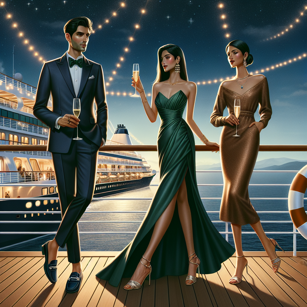 Stunning Cruise Dinner Outfits: Find Your Perfect Match! Visual representation of the concept of 'Stunning Cruise Dinner Outfits'. Depict an outdoor deck of a luxury cruise ship under a starlit sky; the ship railing is adorned with fairy lights. There are three elegantly dressed individuals. A Middle-Eastern man in a sophisticated navy-blue suit and loafers with a crystal champagne glass in his hand. A South Asian woman in a floor-length emerald green dress and metallic gold heels is with him. Another figure, a Hispanic woman, is wearing a chic, ankle-length, warm-toned cocktail dress paired with delicate drop earrings and stilettos. They all embody the perfect match for a cruise dinner.