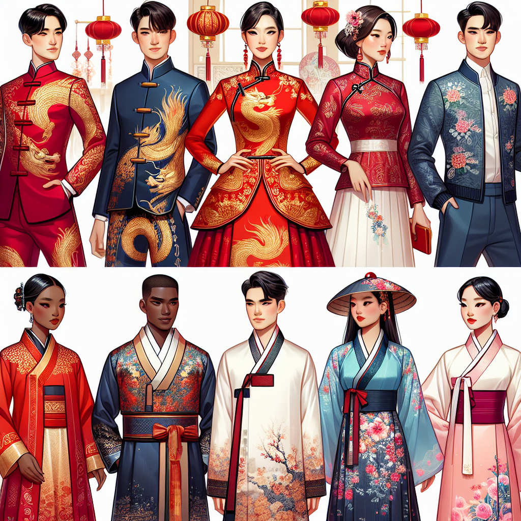 Lunar New Year Outfit Guide: Stunning & Effortless Choices An informative guide on Lunar New Year attire options, targeted at fashionable individuals who appreciate effortless elegance. The image showcases a selection of stunning outfits that reflect both tradition and modern style. The display includes a vibrant red cheongsam, exquisitely embroidered with golden dragons, worn by a stylish South Asian woman. A Korean hanbok in deep blue hues and intricate patterns, sported by a dapper Middle Eastern man. An ao dai in pastel colors with elegant floral embellishments donned by a confident Black woman. All of them are presenting their clothes with poise, representing the spirit of the Lunar New Year.