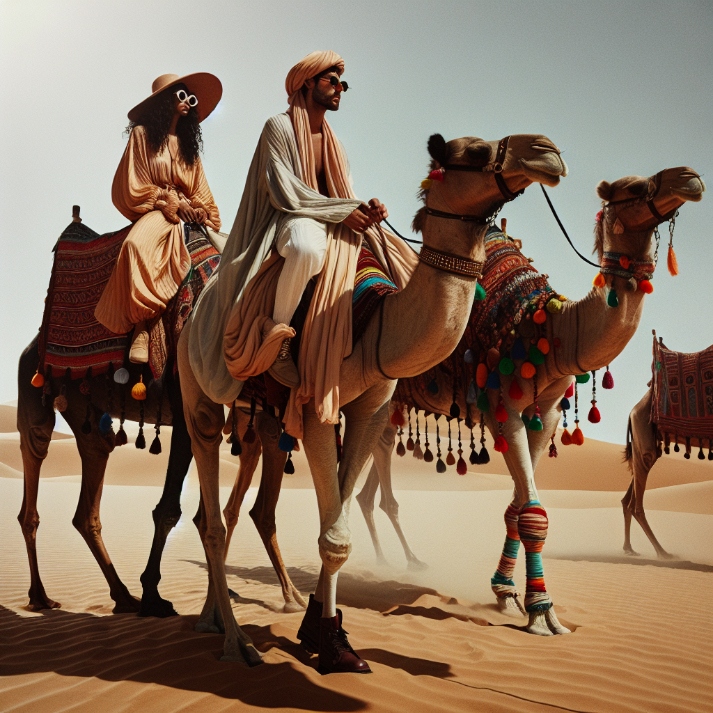 Must-Have Styles for Riding a Camel in Egypt Imagine a scene set in the hot and sandy desert of Egypt where we witness two people atop camels. One individual, a Middle-Eastern man, is wearing a flowing wide-brimmed hat and a pair of wraparound sunglasses to shield the sharp desert sun. He is dressed in loose, flowing robes to keep cool, with colours in beige and white to reflect the heat. The other individual, a Black woman, is dressed in a body-cooling light-weight fabric kaftan in vibrant colours, paired with a brimmed sunhat, and a pair of dust goggles. They both wear sturdy boots to protect their feet from the sand. The camels beneath them are adorned in multi-coloured blankets and tassels. This attire captures the must-have styles for a camel ride in Egypt.