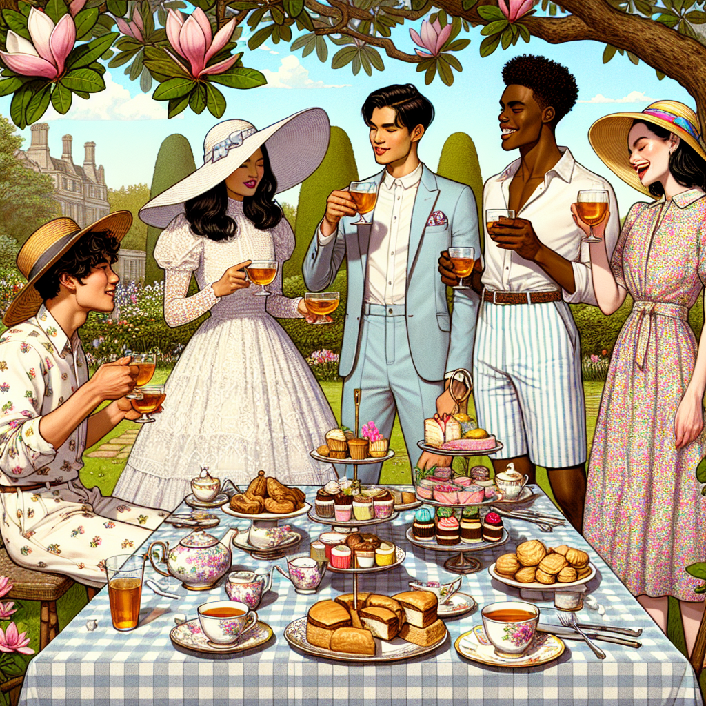 Illustrate an engaging scene of a diverse garden tea party. Picture a South Asian woman in a romantic white lace dress, sipping on a cup of tea under a large magnolia tree. Beside her, a Middle Eastern man in a smart pastel seersucker suit toast with a goblet of sweet iced tea. A few meters apart, an African American elderly lady dressed in a floral print midi dress with a large sunhat, laughing with a Hispanic young man sporting a casual linen shirt and shorts ensemble. The spread includes a mixture of delicate porcelain teaware, an array of colorful finger sandwiches, sweet scones, and decorated cupcakes neatly arranged on the checkered tablecloth.