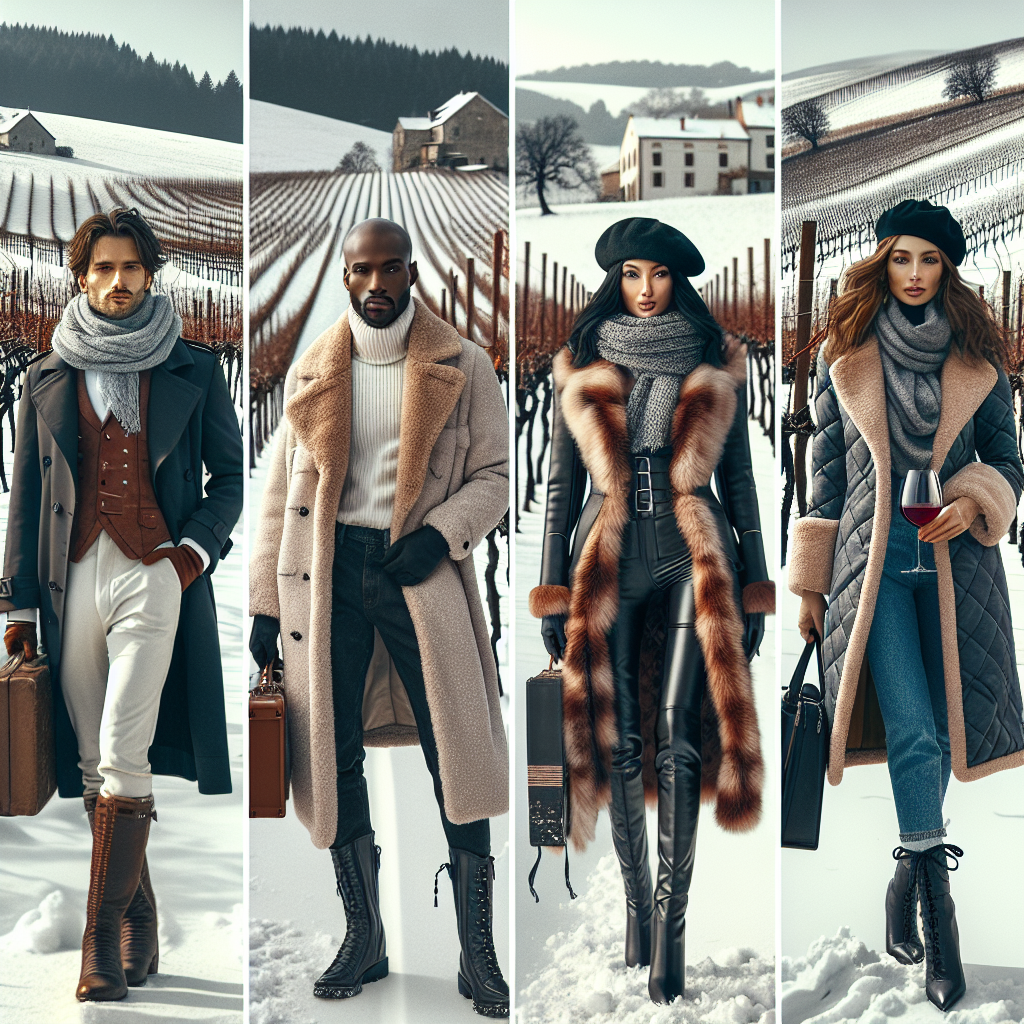 Imagine a snowy vineyard stretching into the horizon, white caps on the rolling hills dotted with bare, spindly grapevines. In the foreground are four people of different descents (Caucasian, Hispanic, Black, and Middle-Eastern), each showcasing different must-have winter wine tasting outfits, each individual's attire reflecting their personality and warmth against the chilly surroundings. The first person is wearing a knee-length trench coat, a scarf, and leather gloves. The second person is flaunting a stylish faux fur jacket with high boots. The third individual is donning an elegant woolen coat with a beret, and the last one is in a quilted parka and knitted beanie.