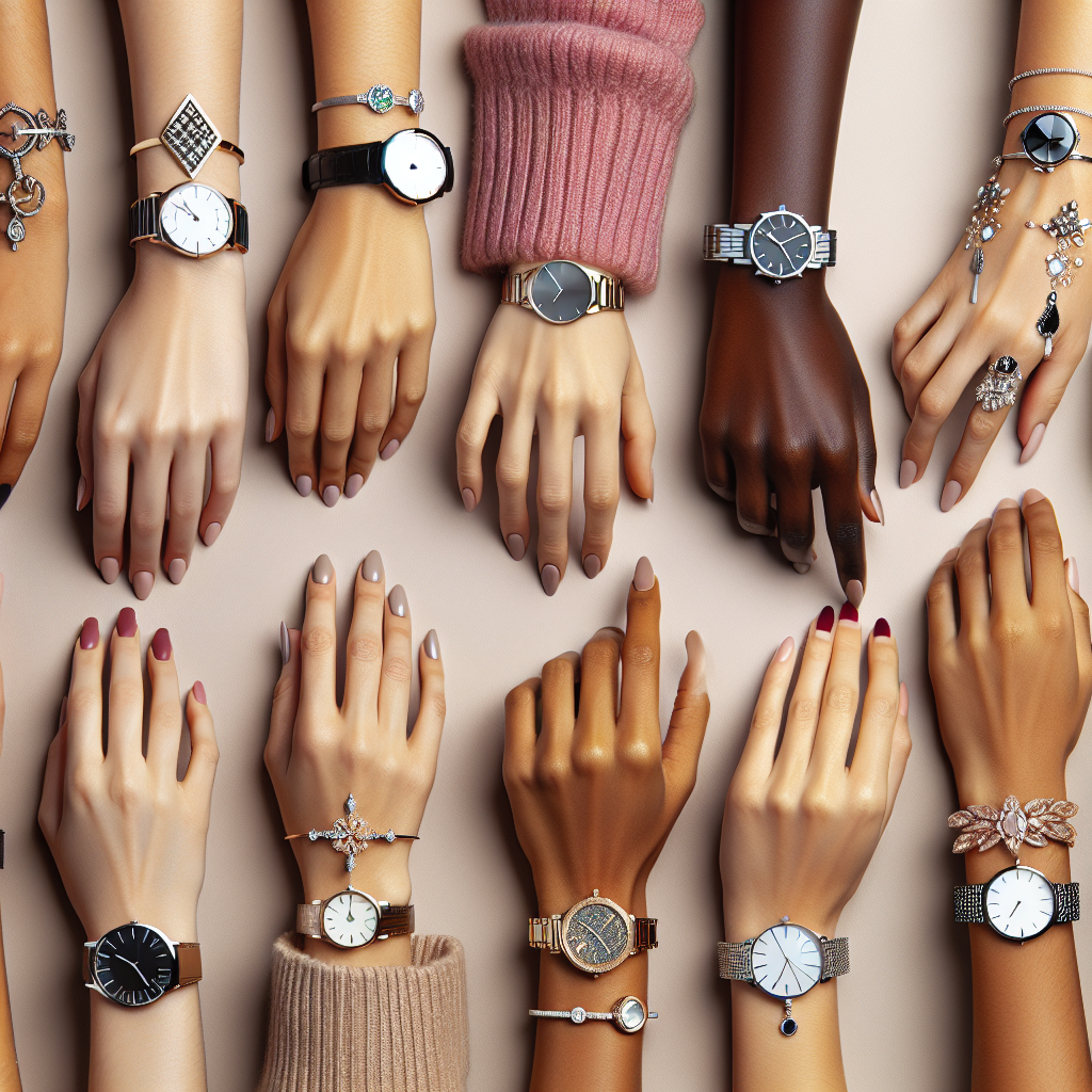 Discover the Best Watch-Wearing Hand for Women Create an image of a selection of elegant wrist watches for women, displayed gracefully on various wrists. Picture hands of different descents like Caucasian, Black, Middle-Eastern, Hispanic, and South Asian delicately showing off watches with varying designs, fulfilling a range of tastes from minimalist to ornate jewel-encrusted. Imagine the hands positioned in such a way as to suggest the comfort and style of wearing the watches on either the left or right hand.