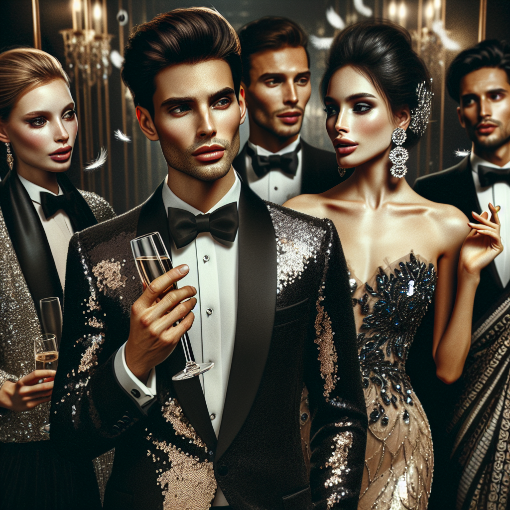 Black Tie Glamour: Find Your Must-Have Look Imagine a high-fashion scene featuring glamorous individuals in black tie attire. A Caucasian woman can be seen wearing a stunning sequin full-length gown, her hair styled in an elegant updo and her makeup tastefully applied. A Hispanic man nearby is in a classic black tuxedo, his shirt impeccably pressed and tie perfectly knotted. A South Asian woman in a beautifully intricate sari and a Middle-Eastern man in a sleek, modern tuxedo are discussing animatedly. Note splashes of luxurious accessories, posh champagne glasses in hands, and the overall opulent ambiance of the scene.