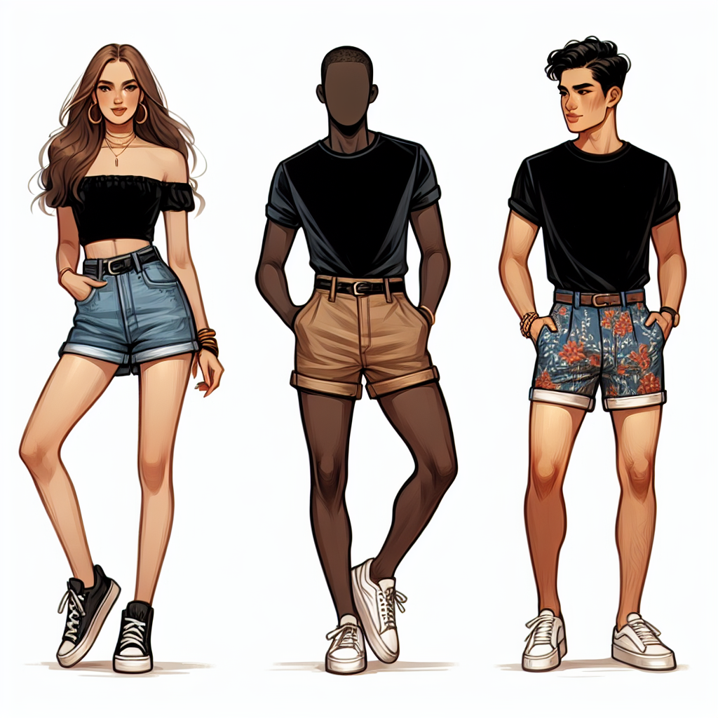 Must-Have Shorts to Rock with a Black Shirt A fashion-inspired image showing three individuals with different descents and genders donning a variety of stylish shorts paired with black shirts. The first person, a Black woman, is wearing denim shorts. The second person, a Middle-Eastern man, is in khaki shorts. The third person, a South Asian non-binary individual, sports patterned shorts. Each individual should have their unique fashion accessories and the overall image should evoke a summery, vibrant mood.