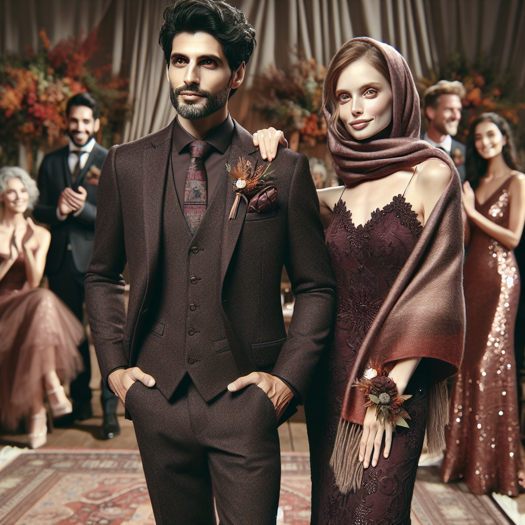Stunning October Wedding Outfits for the Chic 50+ Visualize an October wedding fashion theme for the sophisticated people above the age of fifty. The image is graced with a couple, where the man is Middle-Eastern and dressed in a stylish, dark-hued wool three-piece suit, accessorized with a pocket square. A boutonniere adorns the suit's lapel. Beside him stands a Caucasian woman draped in a tastefully-designed, knee-length, satin lace burgundy dress adorned with sequin accents. A matching pashmina shawl envelops her shoulders, protecting against cool October air. Both individuals' outfits reflect autumnal hues and contemporary fashion sensibilities. Diverse guests can be seen in the background, smiling and clapping, dressed in their warm, elegant, fall-inspired attire.