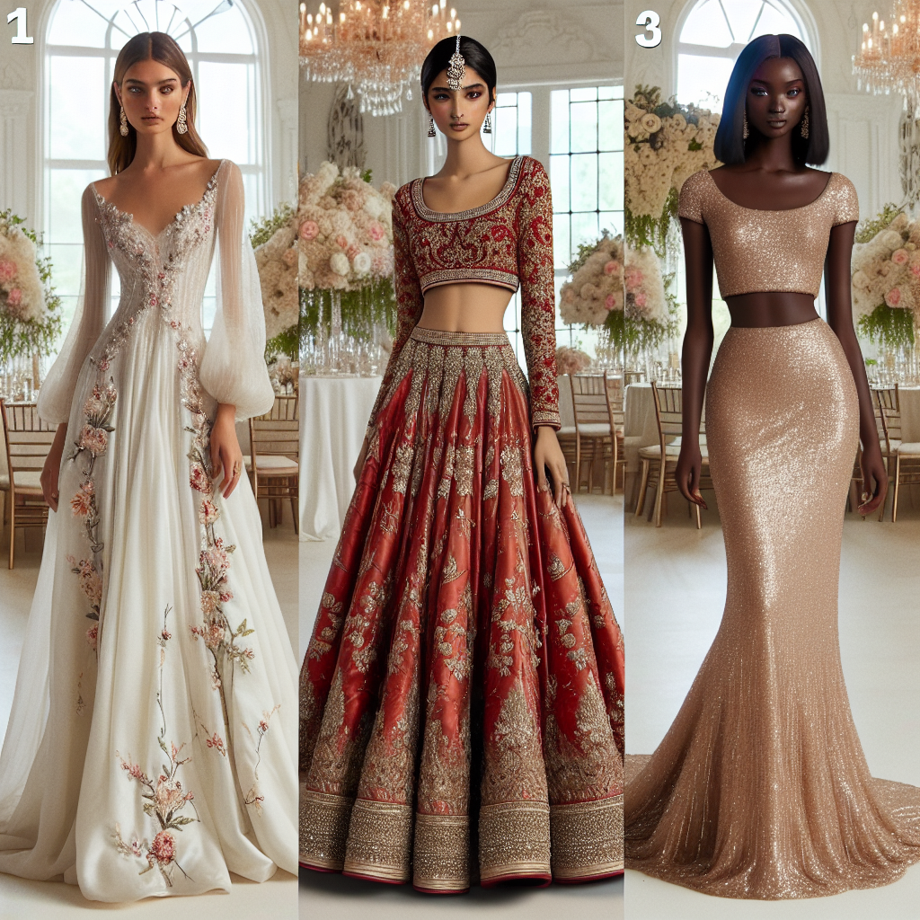 Stunning Wedding Reception Outfits for Her: Effortless Elegance Envision a fashion lineup at a splendidly decorated wedding reception venue. The first outfit is a long, flowy white silk gown accented with delicate floral embroidery, worn by a Middle-Eastern woman. Next to her, a South Asian woman in a traditional red and gold lehenga choli adorned with resplendent sequins and beads. Lastly, picture a Black woman in a picture-perfect champagne-colored mermaid-style gown with lace detailing and subtle sequin shine. Attention to effortlessness and elegance is highlighted throughout these wedding reception attire ideas for the modern yet traditional bride.