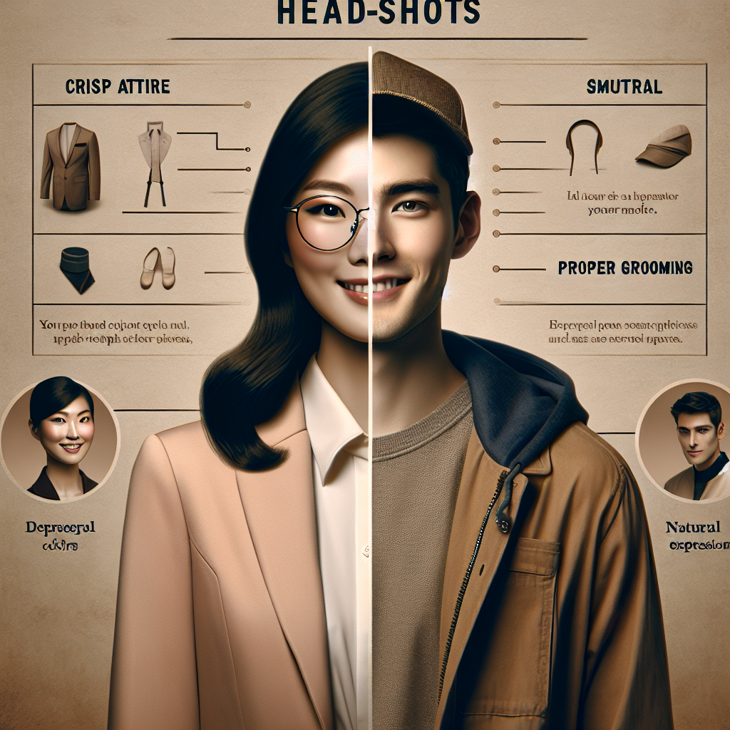 An image representing a guide for headshots styling. The scene shows a split picture featuring two differently dressed individuals. On the left, an Asian woman in a professional attire, smartly dressed with a well-groomed hairstyle, wearing glasses and a confident smile. On the right, a Caucasian man in a casual outfit, wearing a stylish jacket, a trendy cap and a subtle grin. The background includes some text with tips like 'crisp attire', 'neutral colors', 'proper grooming', and 'natural expressions'. The overall atmosphere is optimistic, aiming to make a strong impression.