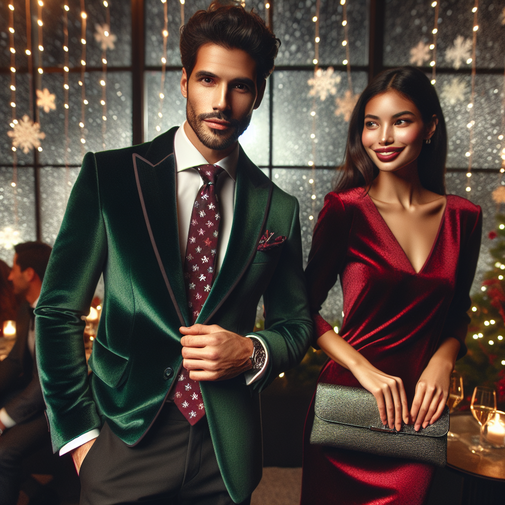 Must-Have Guide: What to Wear to a Corporate Christmas Party Imagine a scene at a Christmas corporate party. See a well-dressed Middle Eastern man in a festive emerald-green velvet blazer and black trousers, his outfit accessorized with a burgundy tie with small snowflake prints. Nearby, a Hispanic woman with a radiant smile is in a stylish ruby-red silk dress, paired with silver high heels and a clutch purse to match. The atmosphere is filled with warmth and elegance under the twinkling lights of the Christmas decorations. Snow is softly falling outside the large windows, creating a charming contrast to the bustling indoor event.