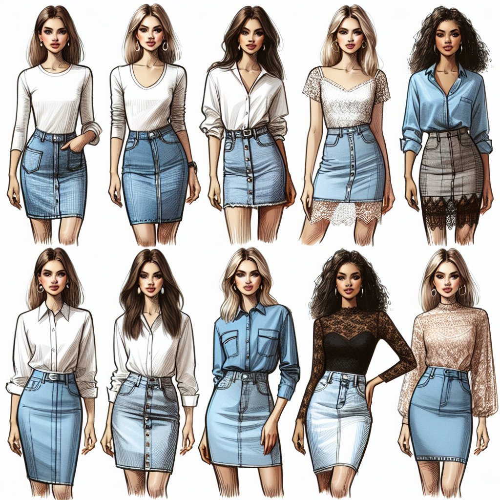 Must-Have Tops for Your Denim Skirt Style An array of fashionable tops styled with denim skirts. The shirts should range from casual to formal. Some of the tops should include a loose-fitting white t-shirt tucked into a high-waisted denim skirt for casual style, a classic button-down blouse paired with a light-blue denim pencil skirt for a professional look, and an elegant, lace top paired with a denim mini skirt for a more glamorous night out. The females modeling these outfits should be an eclectic mix: a Caucasian woman, a Black woman, and a South Asian woman for diverse representation.
