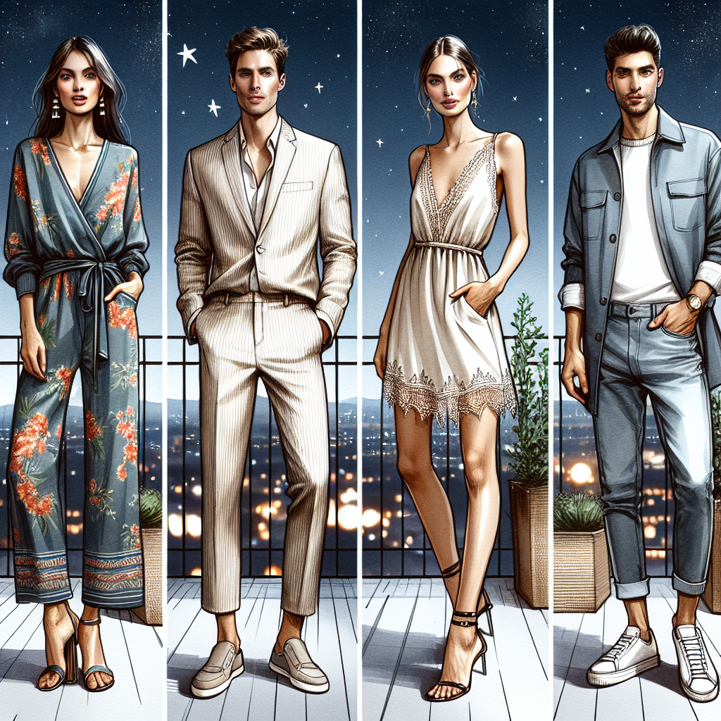 Stunning Rooftop Party Outfits: Effortless Elegance Create an image of four friends at a rooftop party, under a clear night sky studded with twinkling stars. Each friend should be adorned in stylish rooftop party outfits demonstrating effortless elegance. The first individual, a Hispanic woman, is in a chic jumpsuit with a vivacious pattern. The second, an Asian man, is sporting a casual yet smart linen suit with a pair of stylish loafers. The third, a Caucasian woman, is wearing a sleek silk dress trimmed with lace, enriched by her ankle strap heels. Lastly, the fourth individual, a Middle-Eastern man, is in a minimal denim ensemble, completed with stylish sneakers.