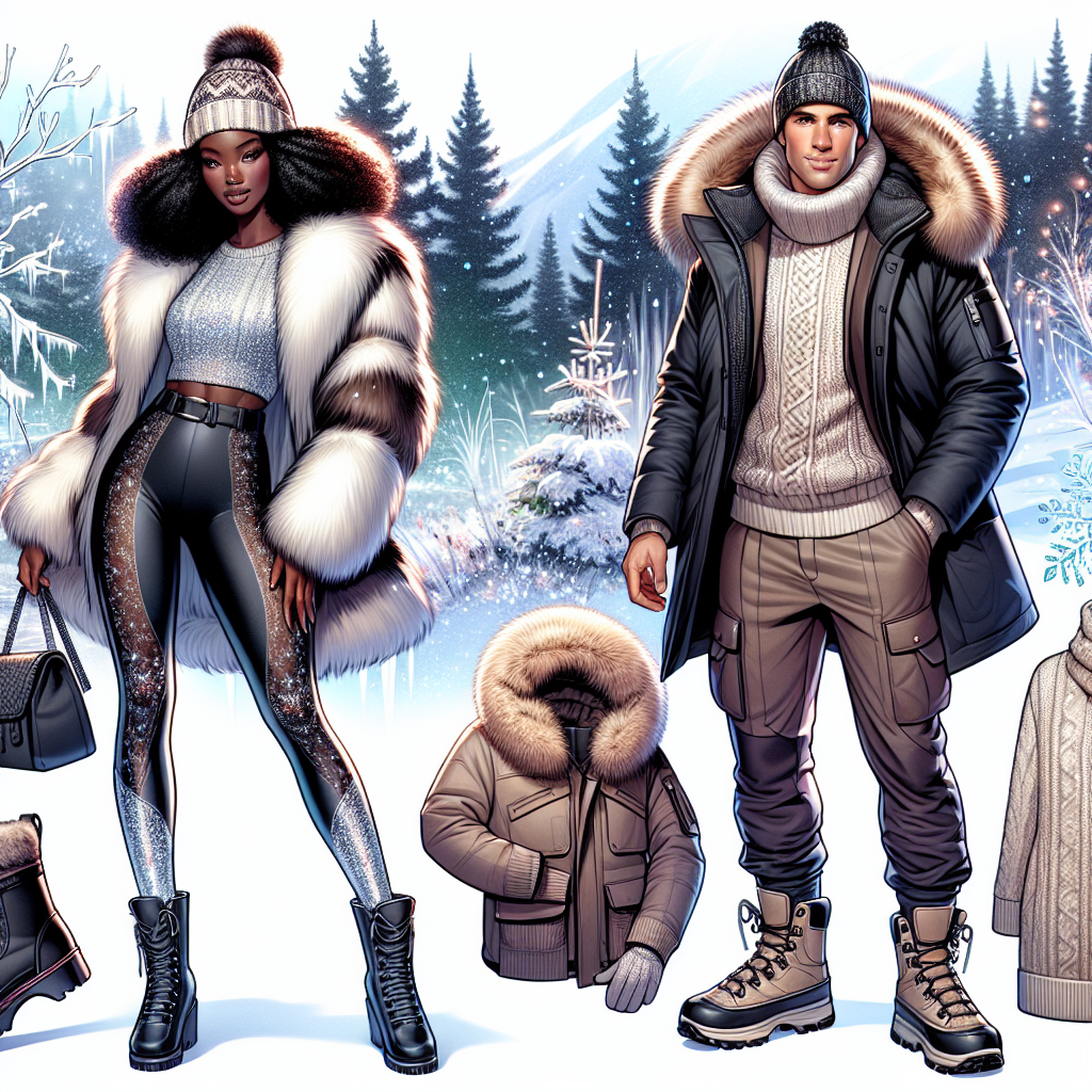 Illustration of a dynamic scene featuring two people in a winter environment surrounded by snowy trees and glistening ice. The first person, a Black woman, is confidently sporting a fashionable winter outfit consisting of a stylish faux fur coat, knitted beanie hat, and thermal leggings. She's completed her winter wonderland look with a pair of chic snow boots and an elegant muffler. The second person, a Caucasian man, is depicted wearing an essential winter ensemble, including snug parka jacket, trapper-style hat, thermal gloves, and hiking boots. Both of their outfits make a perfect blend of style and practicality for an enchanting, magical winter ambiance. Implement warm colors and patterns to highlight their clothing against the predominantly white and icy background.