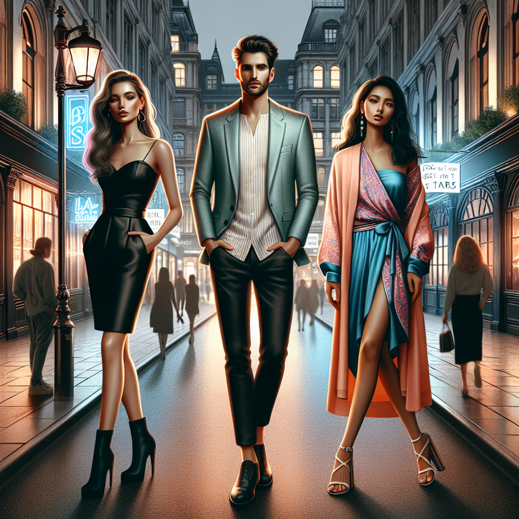 Imagine a bustling city street with a variety of bars lining each side. Show three stylish individuals of diverse descents: a Caucasian woman wearing a classic little black dress complemented by high-heeled boots, a Middle Eastern man dressed in a chic casual ensemble featuring a pastel-hued blazer, and a South Asian woman exuding elegance in a vibrant wrap dress paired with strappy sandals. Amplify the night-time vibe with neon signs of the bars reflecting off the pavement. This scene is to inspire the readers with stunning outfits for night-out at bars for impressing others.