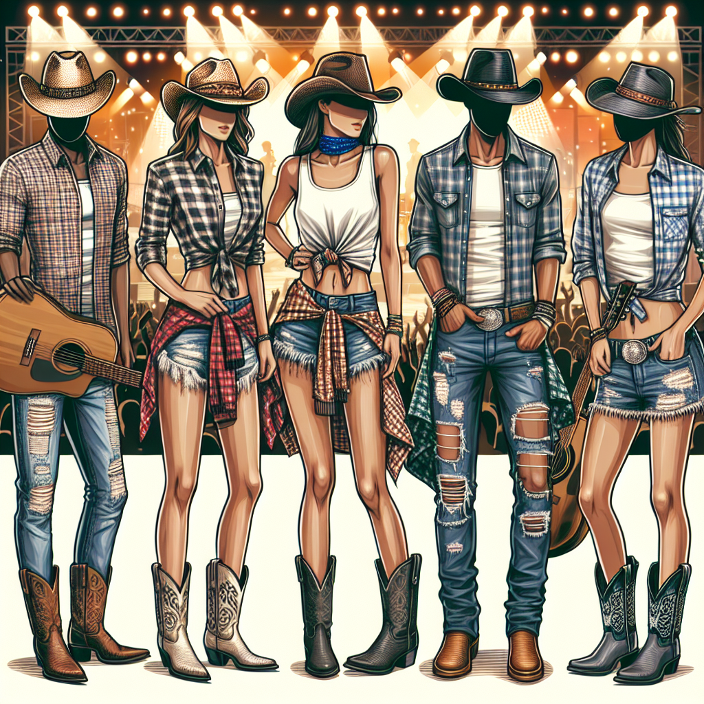 Must-Wear Outfits for a Zach Bryan Concert! An illustration demonstrating various must-wear outfits for a modern country music concert, abiding to the style of an independent singer-songwriter. The outfits include casual yet stylish clothing such as plaid shirts, ripped jeans, cowboy boots, and bandanas. One model is a Caucasian woman with a sunhat and denim shorts, another is a Black man holding a guitar while clad in a sleeveless shirt and leather boots. The third model, a Hispanic woman, is wearing a flannel shirt tied around the waist, a white t-shirt, and rugged jeans. The background features a lively concert venue under bright lights.