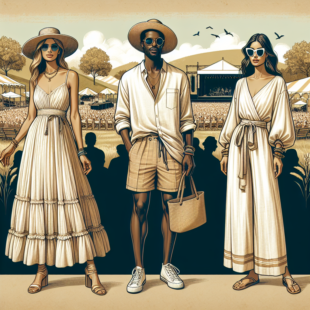 Stunning Summer Concert Fits: Effortless Elegance for 40s Create an image showcasing a variety of elegant and effortless summer concert outfits suitable for individuals in their 40s. The outfits should reflect current fashion trends and summer comfort. Include three people arranged in a harmonious setting such as a concert park. The first person is a Hispanic woman in her late 40s, elegantly dressed in a lightweight and flowy maxi dress with tasteful jewelry. The second person is a Black man in his early 40s, sporting a casual, yet stylish linen shirt and shorts with a summer hat. The third person is a south Asian woman in her mid-40s, looking chic in a summer jumpsuit, paired with fashionable sunglasses and a tote bag. The backdrop should include subtle elements of a summer music festival, without diverting attention from the fashion aspect.