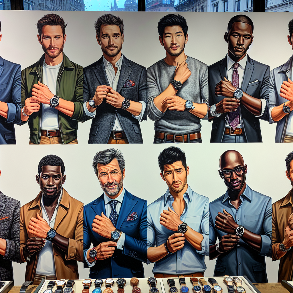 Stunning Style Guide: What Wrist to Wear a Watch Men A detailed depiction of a variety of men from different descents, including Hispanic, Caucasian, Black, and South Asian, displaying an array of wristwatches. Each man should be in stylish attire, representing different fashion sensibilities, demonstrating the correct way to wear a watch: on the left wrist. The attention should be primarily directed towards their wristwatches, showcasing different styles and sizes of watches. The environment should be a well-lit, modern boutique with a window offering a view of a bustling city street.