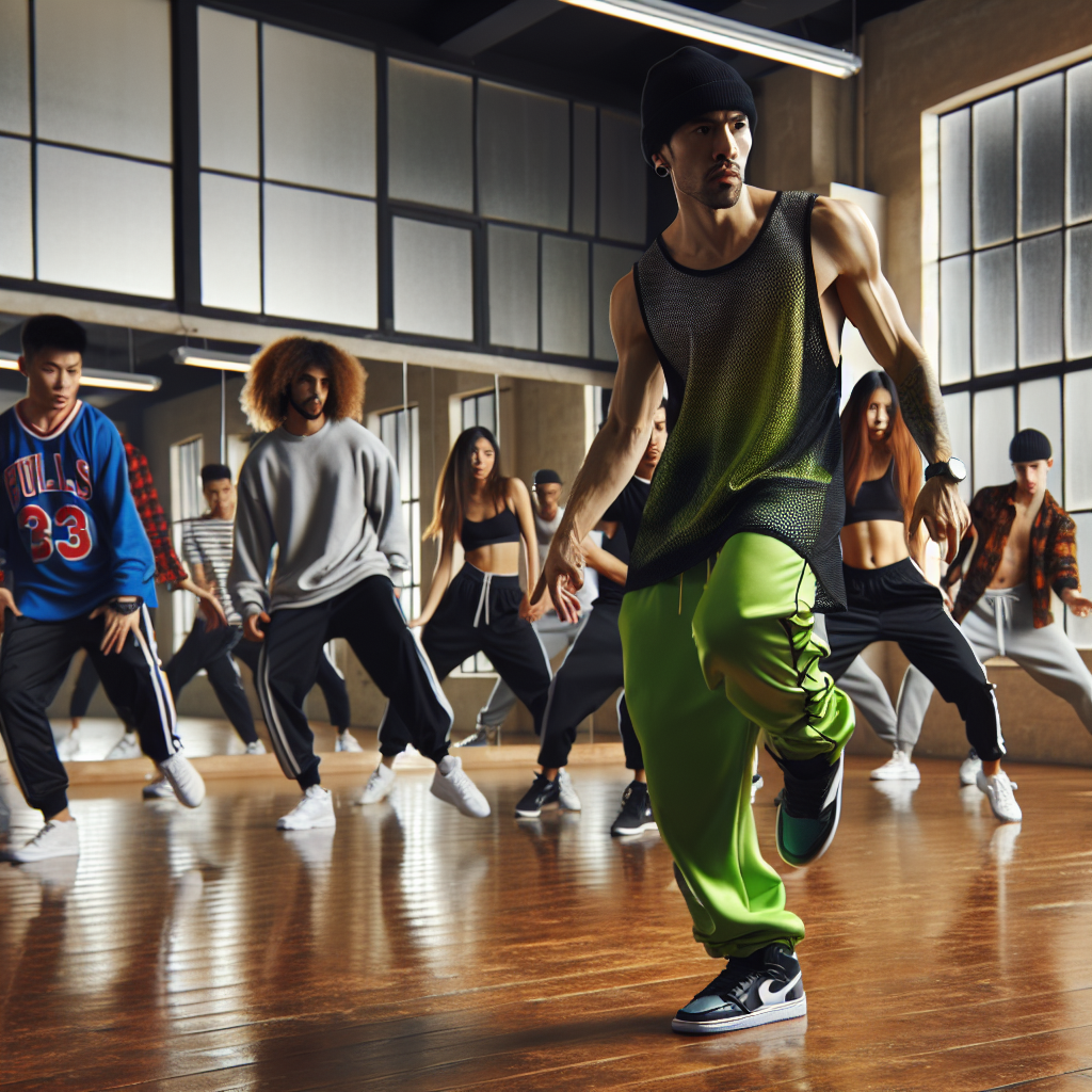 Must-See Styles for Hip Hop Dance Class An expansive dance studio boasting mirrors on one wall and wooden floors reflecting a bustle of activity. In the middle, an Asian male dance instructor is demonstrating a complex street dance move with incredible agility and rhythm. He wears baggy neon-green sweatpants and a black tank top with a beanie. Multiple students, including a Middle-Eastern woman in tracksuit, a black man sporting a basketball jersey, and a Caucasian man in a sweatshirt and denim pants, attentively watch him. They attempt to mimic his moves, filling the room with a vibrant energy that captures the essence of hip-hop dance class.