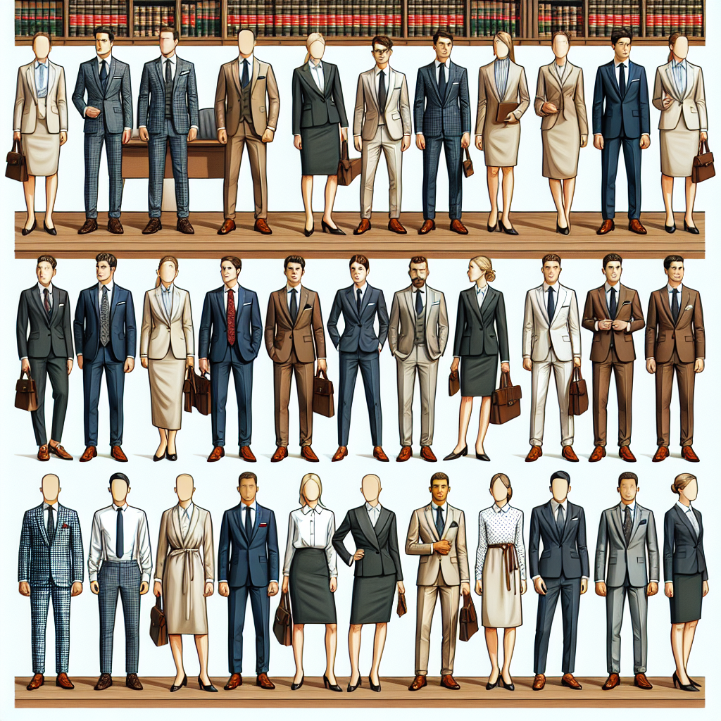 What to Wear to Court: Effortless, Must-Have Styles Create an image showcasing various formal clothes for people of diverse descents and genders at a court setting. Showcase an assorted group with attire ranging from well-tailored suits to crisp, clean blouses and shirts, elegant formal dresses, and conservative accessories such as tie clips, cufflinks, loafer shoes, and so on. The people can be seen standing with a backdrop of a generic courtroom setting. There are no identifiable faces, only highlight the outfits and the context of the court. Display the text 'What to Wear to Court: Effortless, Must-Have Styles' prominently at the top or bottom of the image.