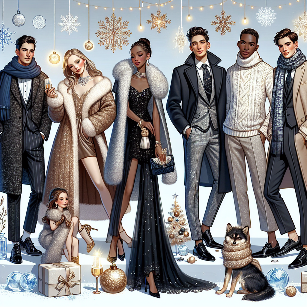 Stunning Winter Outfits for Life Celebrations Visualize a tableau of people dressed in stunning winter outfits for different life celebrations. Depict a Caucasian woman in a chic fur-lined coat with sparkling jewelry for a holiday party, a Hispanic man donning a stylish overcoat and scarf for a wedding, a Black woman wrapped in a cozy knitted sweater and long skirt for a family gathering, and a Middle-Eastern man in a sophisticated tuxedo with a winter twist for a New Year's eve party. Incorporate elements like snowflakes, ice sculptures and warm lighting to set the winter atmosphere.