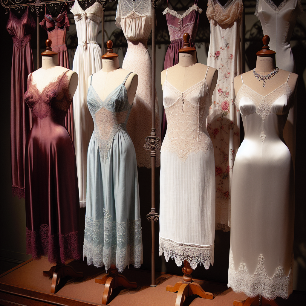 Stunning Choices for Under Slip Dresses: Effortless Elegance An array of under slip dresses hanging on a vintage wooden rack. On the left, a satin under slip dress in a rich, wine color. An intricate texture is embroidered on the hem, giving a classic touch. In the middle, a light blue, lace-trimmed cotton under slip dress, embodying a nostalgic style. On the right, a pearl white, silk under slip with a touch of minimalistic elegance due to its clean lines and simplicity. Display stands two female mannequins, one of Hispanic descent and the other of East Asian descent, both wearing crystal clear under slips adorned by diamond accessories, exuding effortless elegance.