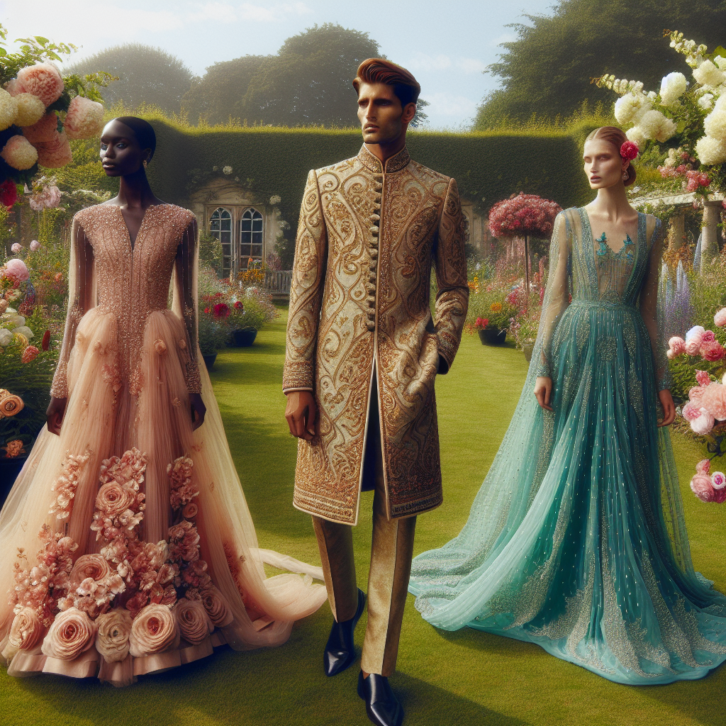 Stunning June Wedding Outfits: Find Your Perfect Match Imagine a magnificent scene of a garden in full bloom under the splendid June sun. In the middle of this charm, visualize three individuals wearing their finery for a wedding. Firstly, a South Asian man in traditional Sherwani, richly decorated with golden patterns and paired with matching trousers. Secondly, a Black woman in an elegant, beaded, knee-length chiffon dress, with pastel pink as the dominant color. Lastly, a Middle-Eastern woman elegantly attired in a flowing teal maxi dress adorned with delicate embroidered details. Each outfit harmonizing perfectly with the vibrant summer vibrancy of the surrounding garden.
