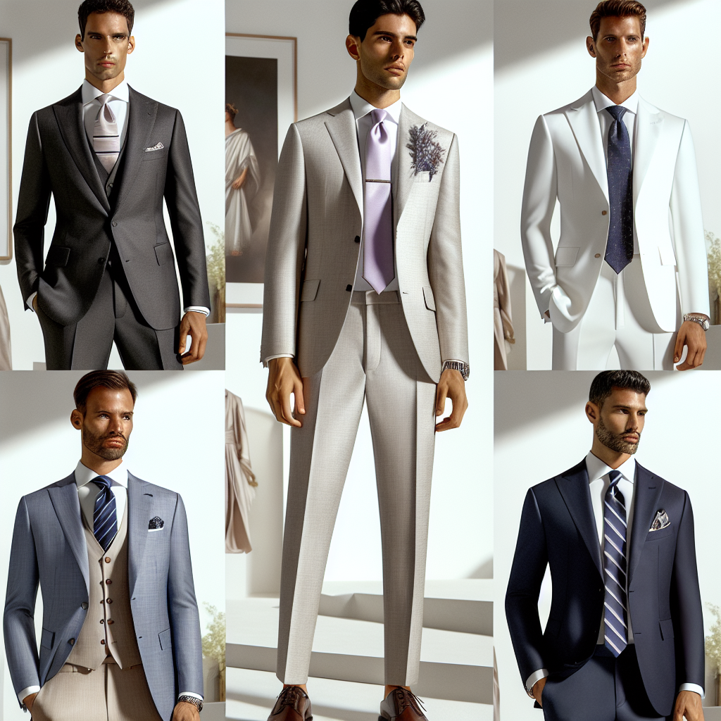 Stunning Baptism Outfits for Men: Dress to Impress Visualize a set of impeccably designed men's outfits for a baptism event. The collection includes a sleek charcoal grey suit with a crisp white shirt and silk lavender tie on a Hispanic man, a contemporary white linen suit paired with a soft blue shirt on a South Asian man, and a classic navy blue blazer, beige trousers, and striped tie on a Black man. Each man is also wearing tastefully chosen accessories, such as cufflinks, a tie clip, and pocket squares. The scene exudes a chic, well-groomed atmosphere with a hint of solemn respect befitting a religious ceremony.