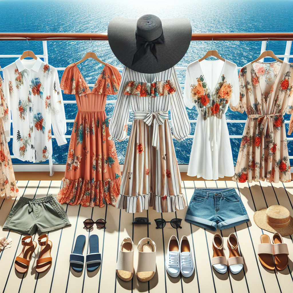 Cruise Fashion Guide: Stunning Outfits for Mexico Create an image of a variety of stunning outfits suitable for a cruise to Mexico. Display a collection of chic, comfortable, and fashionable apparel perfect for warm weather. Include a large brimmed hat, sundresses, floral print shirts, shorts, sandals, and sunglasses. Show clothing options for both genders, with the setting being a bright sunny day on the deck of a cruise ship with the ocean in the background for context.