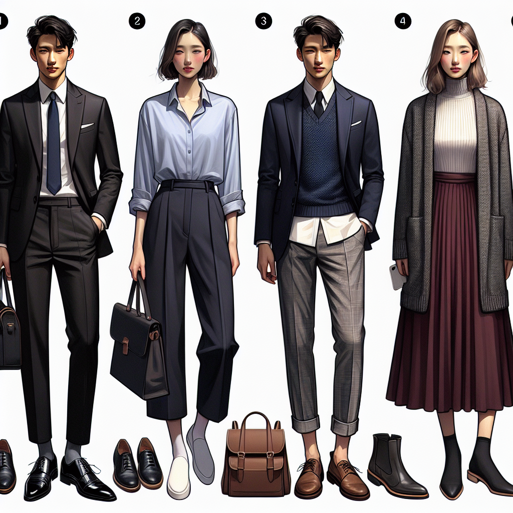 Stunning Outfits for University Presentations: Effortless Style Show an array of four stunning outfits suitable for university presentations, arranged in a row. The first outfit is for a Hispanic male – a sleek black suit paired with a sky blue button-down shirt and polished black shoes. The second outfit is for a South Asian female – an elegantly tailored navy blue blazer and matching trousers, paired with a crisp white shirt and brown loafers. On the other end, visualize an outfit for a Caucasain male, including a trendy gray pullover, a white shirt underneath, black chinos, and casual brown shoes. Lastly, imagine an outfit for a Middle Eastern female, composed of a chic, burgundy midi dress, paired with black ankle boots and a matching black bag.